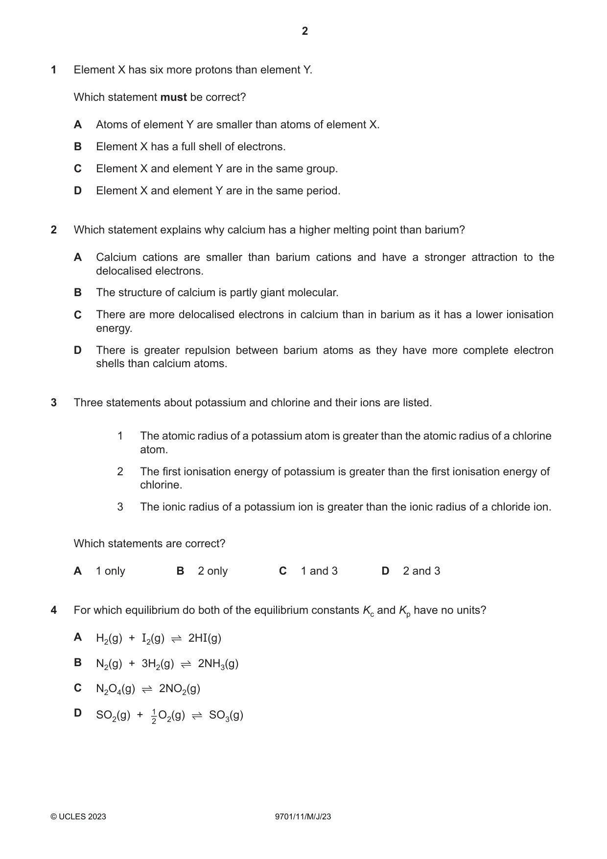 Cambridge A Level Chemistry 9701 2023 May/June Paper 1 · Variant 1 question paper, page 2 of 20