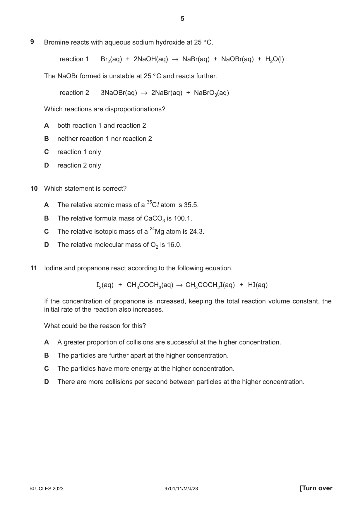 Cambridge A Level Chemistry 9701 2023 May/June Paper 1 · Variant 1 question paper, page 5 of 20