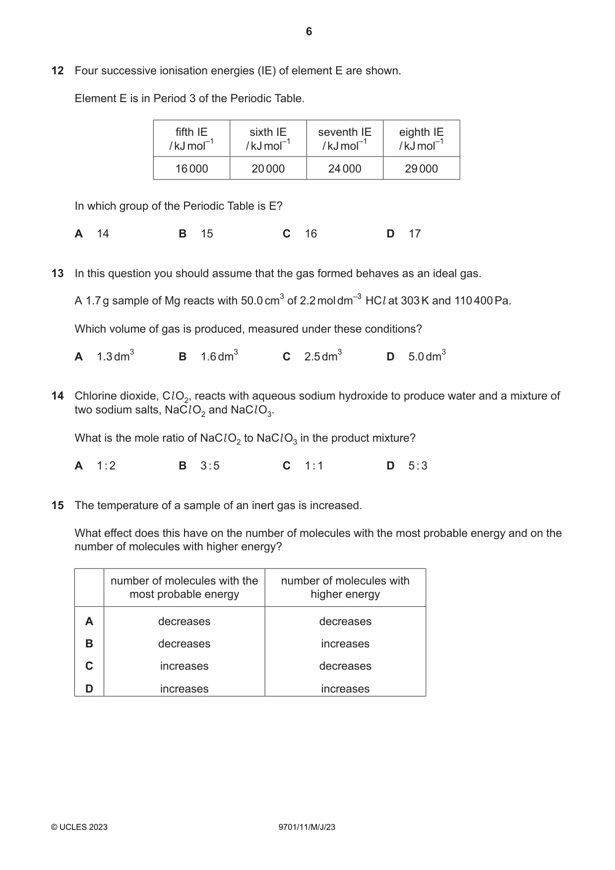Cambridge A Level Chemistry 9701 2023 May/June Paper 1 · Variant 1 question paper, page 6 of 20