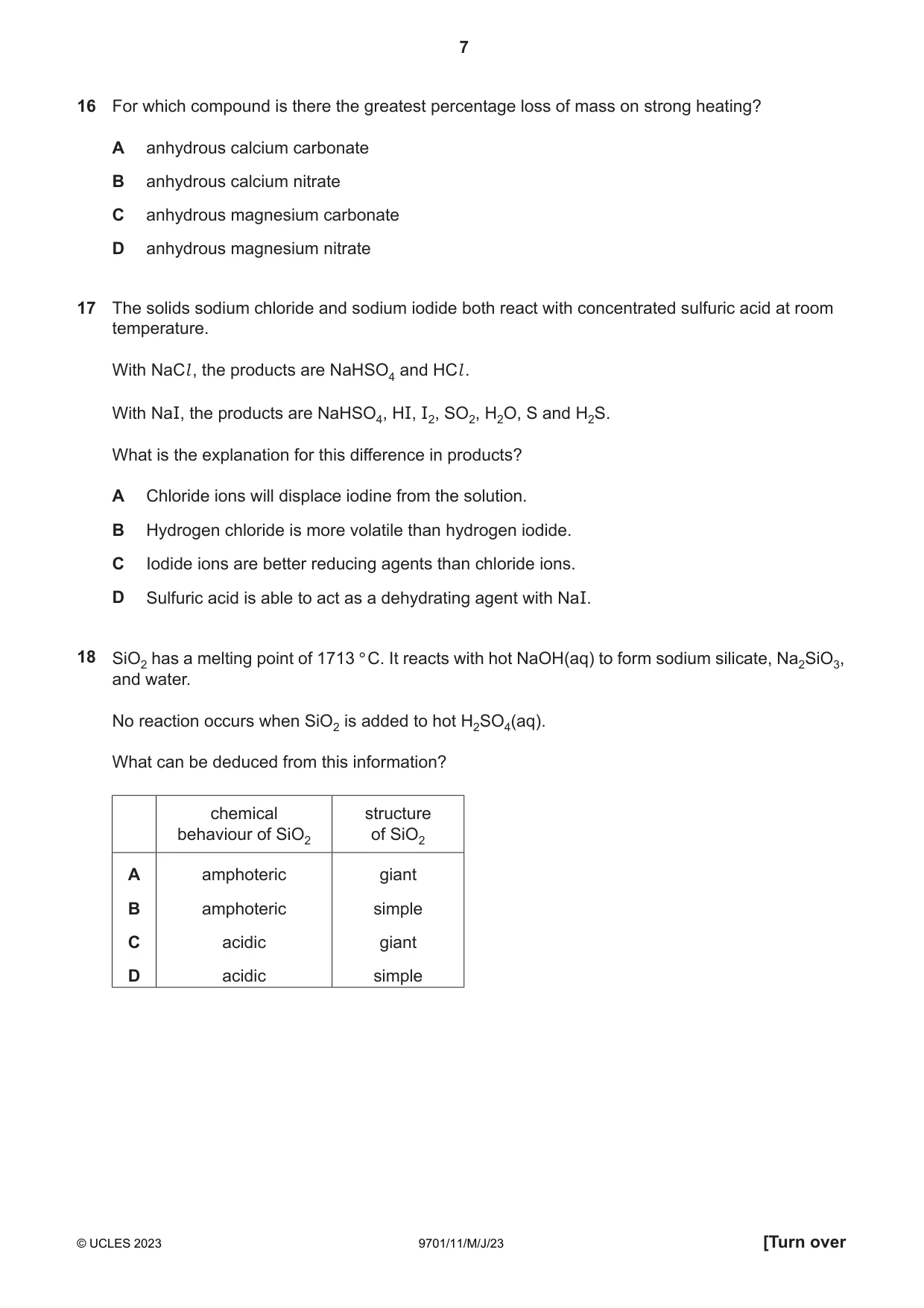 Cambridge A Level Chemistry 9701 2023 May/June Paper 1 · Variant 1 question paper, page 7 of 20