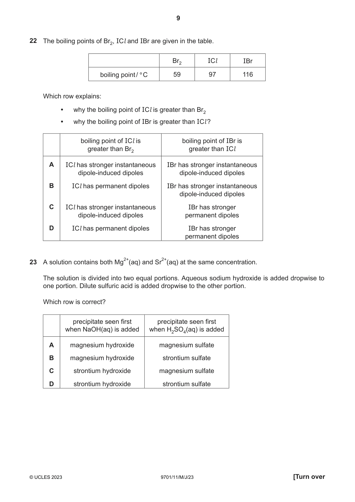 Cambridge A Level Chemistry 9701 2023 May/June Paper 1 · Variant 1 question paper, page 9 of 20