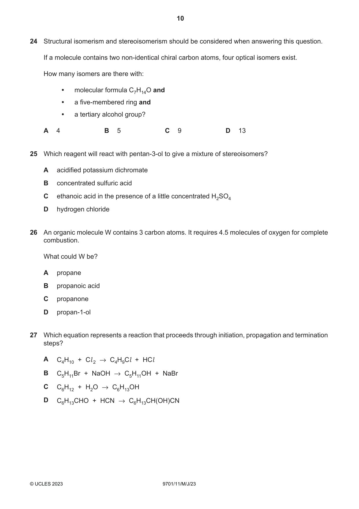 Cambridge A Level Chemistry 9701 2023 May/June Paper 1 · Variant 1 question paper, page 10 of 20