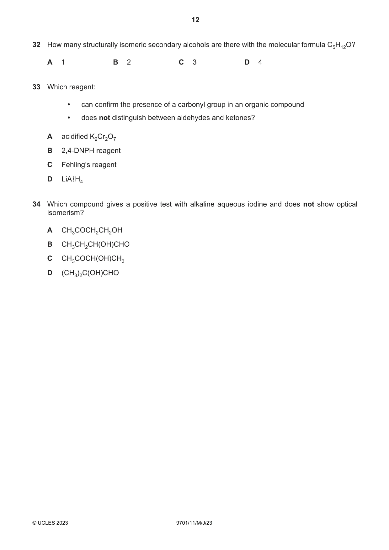 Cambridge A Level Chemistry 9701 2023 May/June Paper 1 · Variant 1 question paper, page 12 of 20