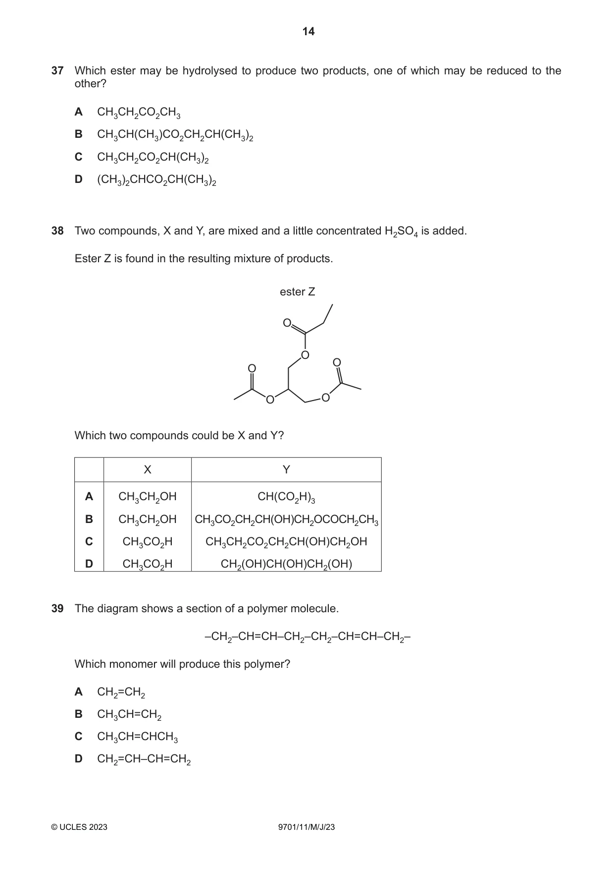 Cambridge A Level Chemistry 9701 2023 May/June Paper 1 · Variant 1 question paper, page 14 of 20