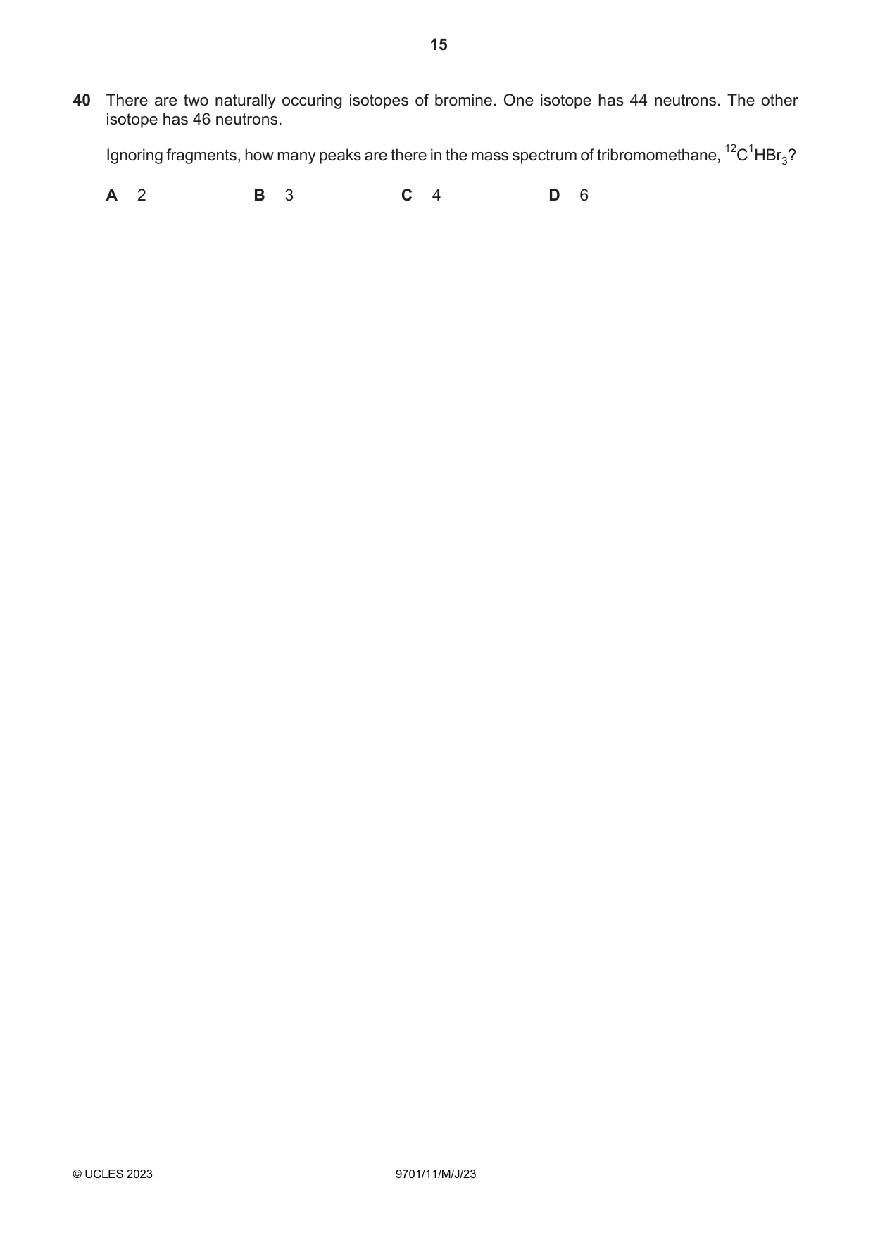 Cambridge A Level Chemistry 9701 2023 May/June Paper 1 · Variant 1 question paper, page 15 of 20