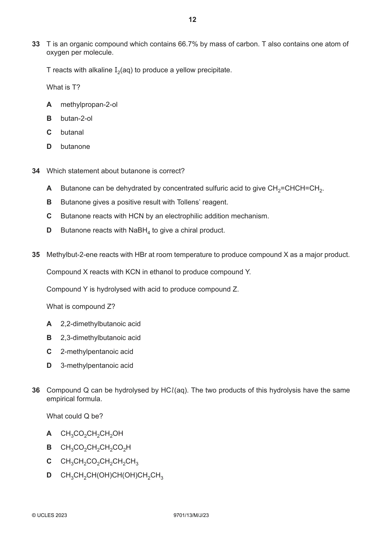 Cambridge A Level Chemistry 9701 2023 May/June Paper 1 · Variant 3 question paper, page 12 of 16