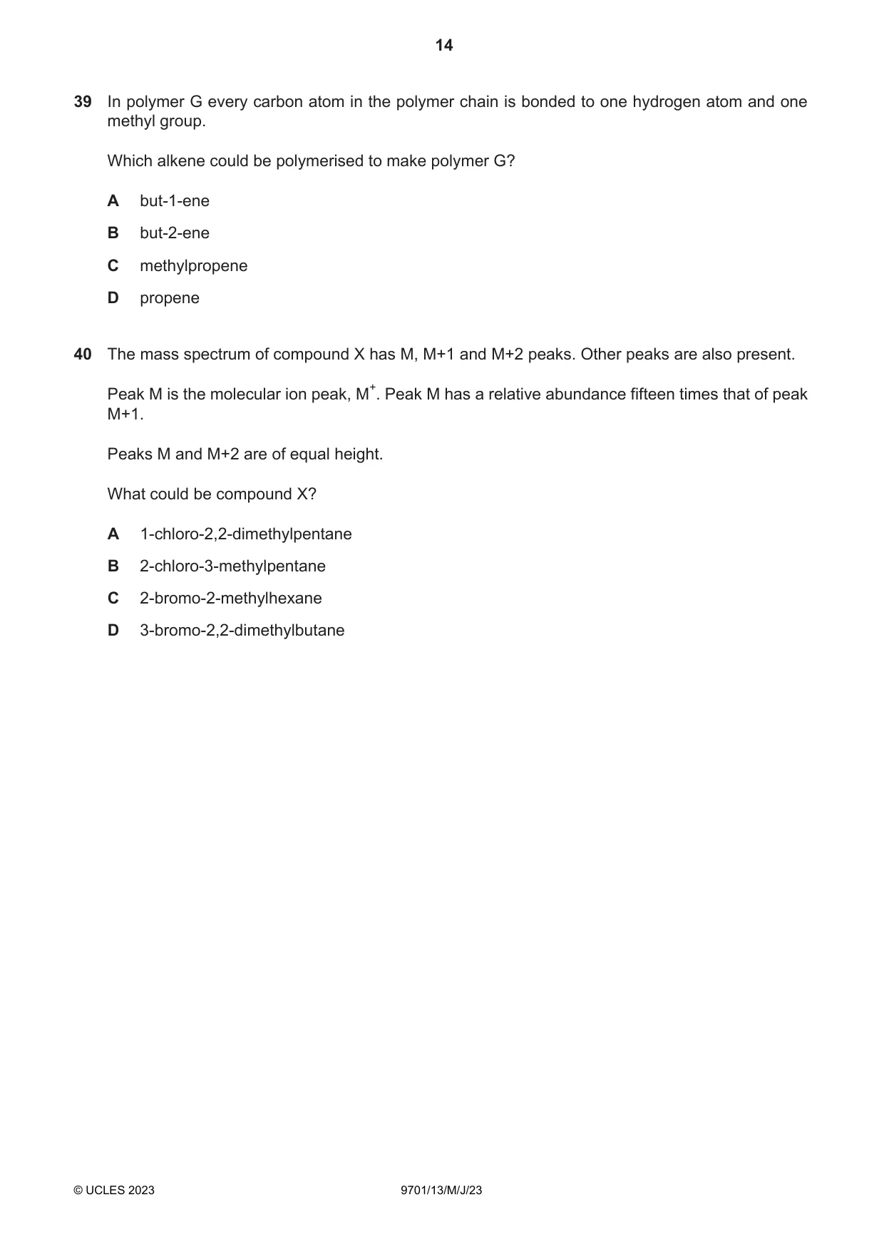 Cambridge A Level Chemistry 9701 2023 May/June Paper 1 · Variant 3 question paper, page 14 of 16
