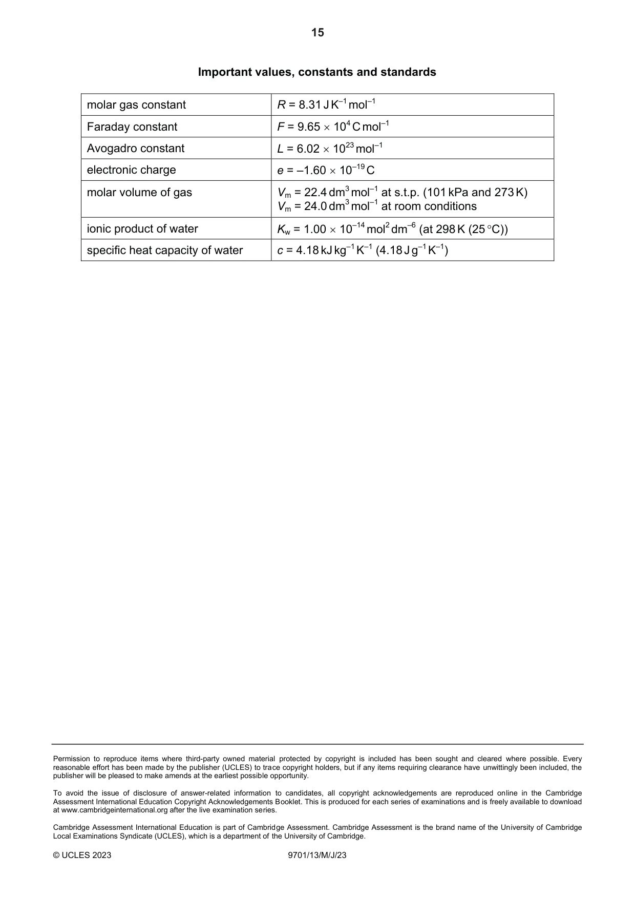 Cambridge A Level Chemistry 9701 2023 May/June Paper 1 · Variant 3 question paper, page 15 of 16