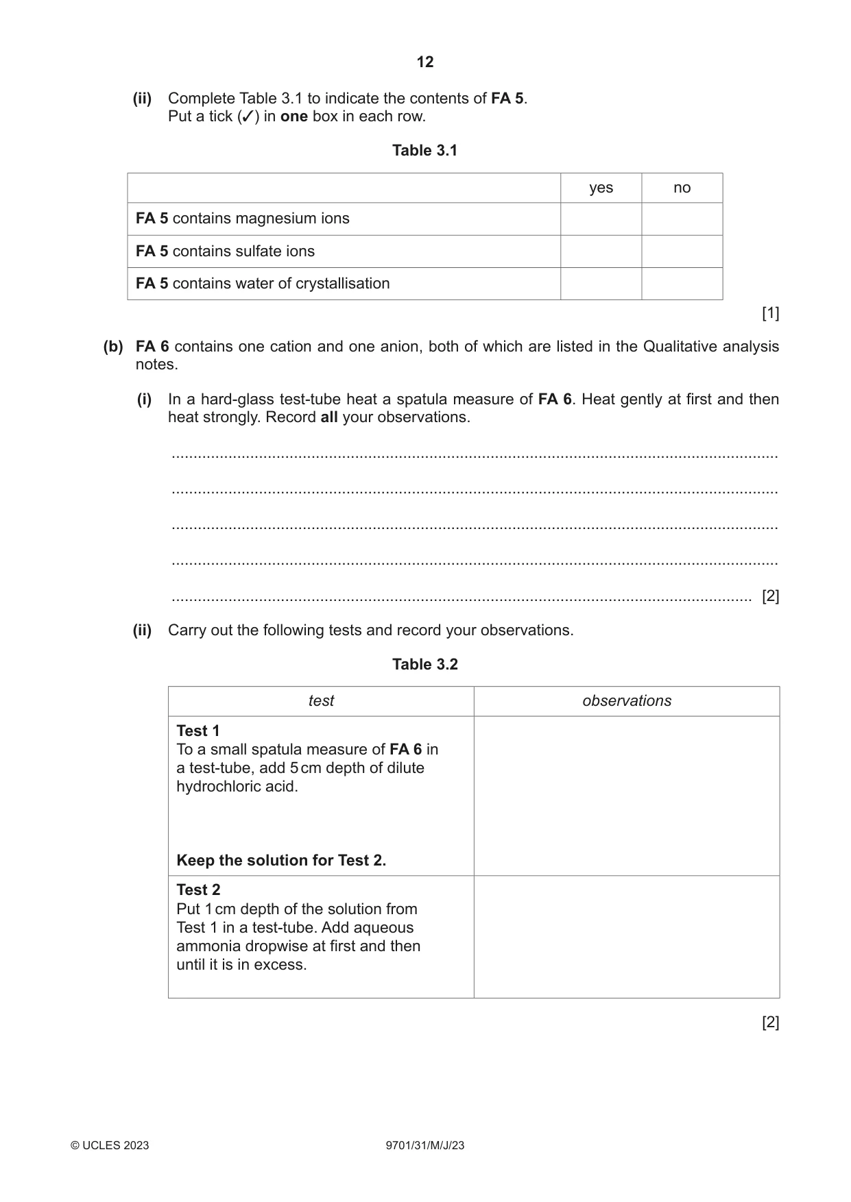 Cambridge A Level Chemistry 9701 2023 May/June Paper 3 · Variant 1 question paper, page 12 of 16
