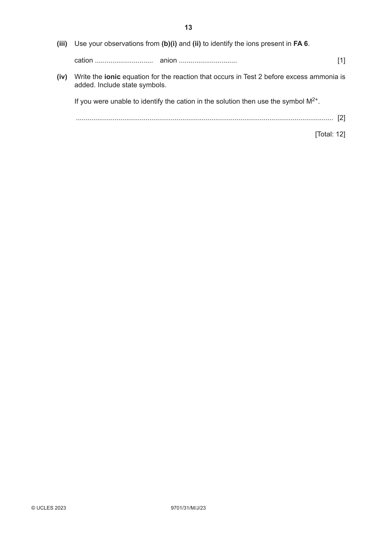 Cambridge A Level Chemistry 9701 2023 May/June Paper 3 · Variant 1 question paper, page 13 of 16