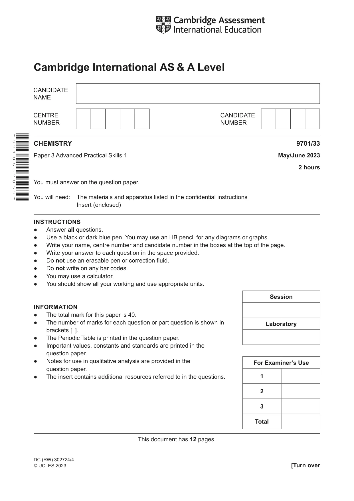 Cambridge A Level Chemistry 9701 2023 May/June Paper 3 · Variant 3 question paper, page 1 of 12