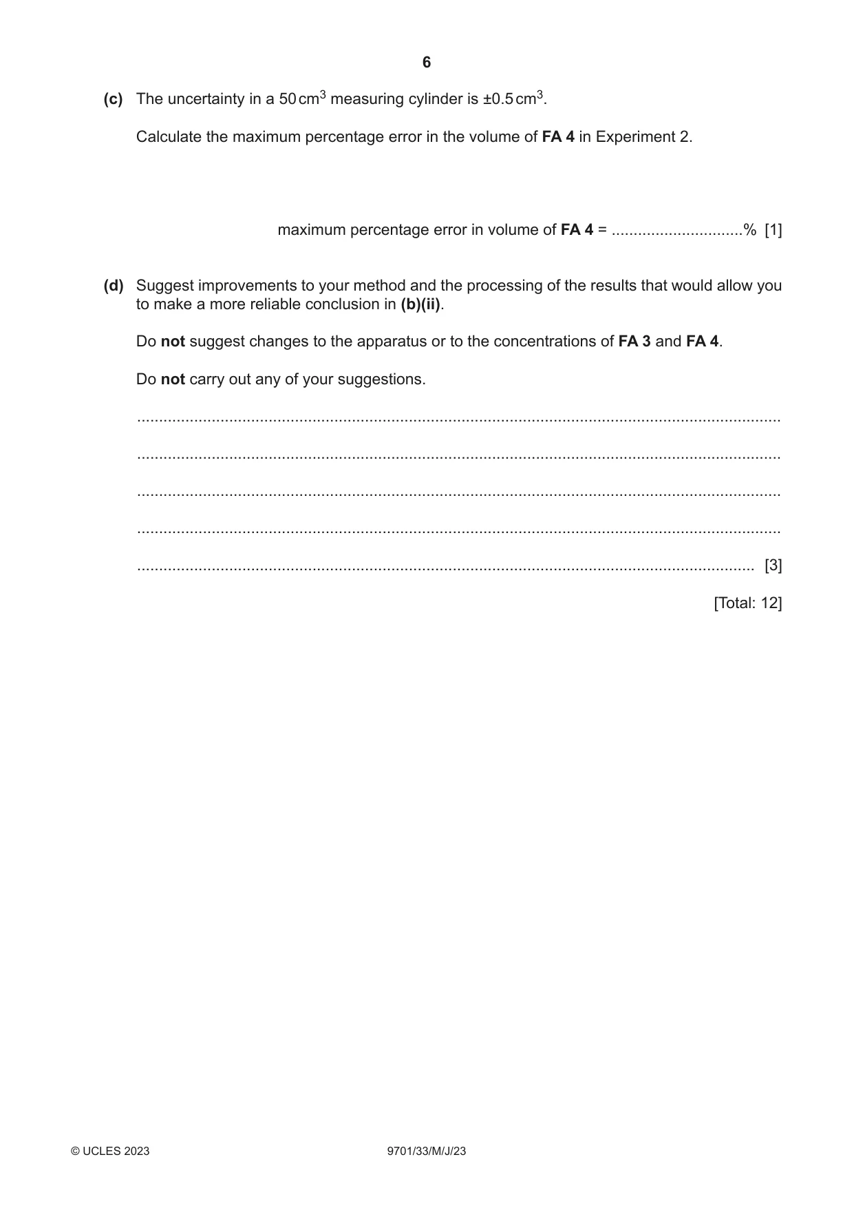 Cambridge A Level Chemistry 9701 2023 May/June Paper 3 · Variant 3 question paper, page 6 of 12