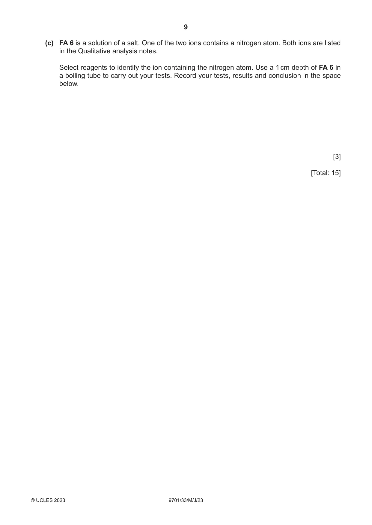 Cambridge A Level Chemistry 9701 2023 May/June Paper 3 · Variant 3 question paper, page 9 of 12