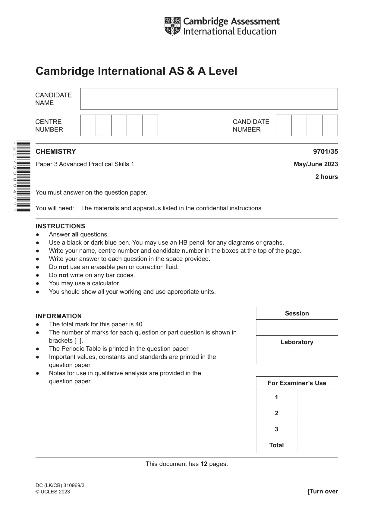 Cambridge A Level Chemistry 9701 2023 May/June Paper 3 · Variant 5 question paper, page 1 of 12