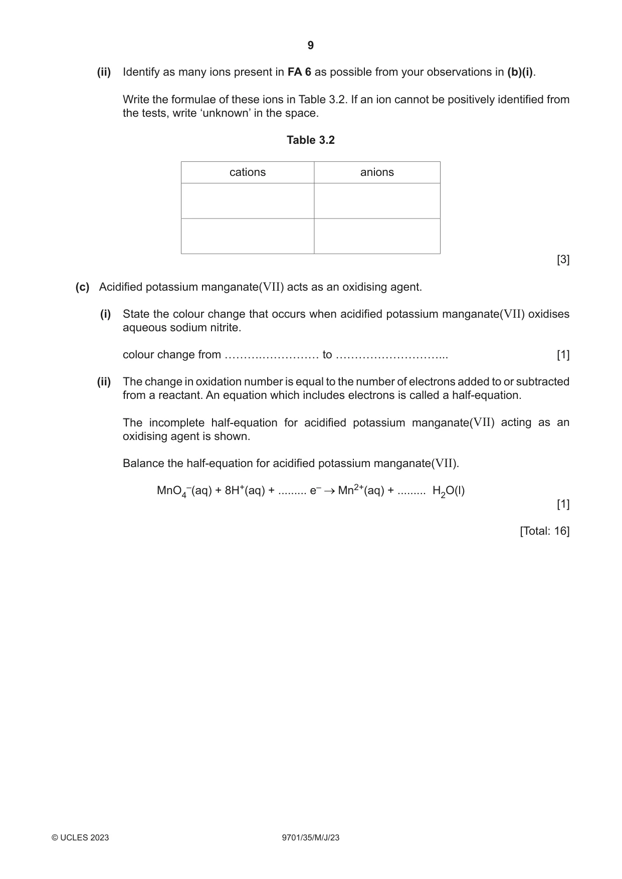 Cambridge A Level Chemistry 9701 2023 May/June Paper 3 · Variant 5 question paper, page 9 of 12