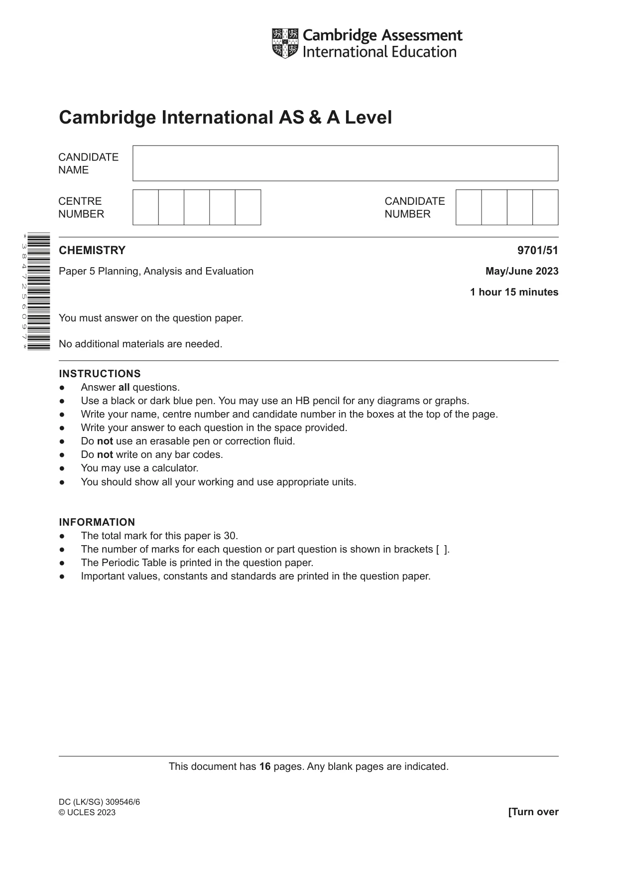Cambridge A Level Chemistry 9701 2023 May/June Paper 5 · Variant 1 question paper, page 1 of 16