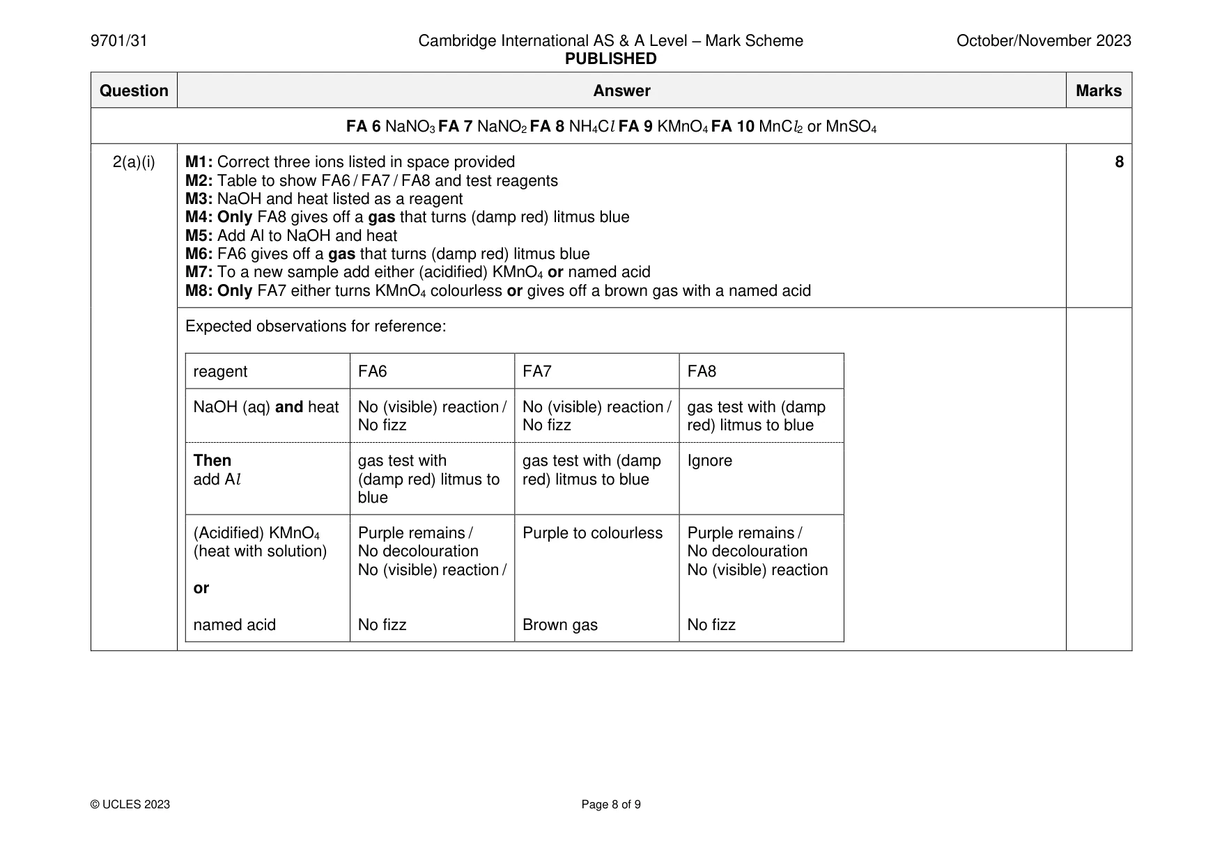 Mark scheme, page 8 of 9