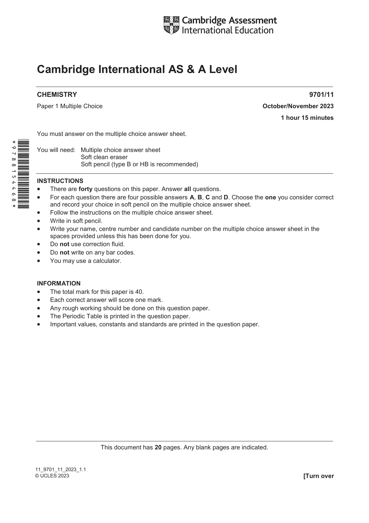 Cambridge A Level Chemistry 9701 2023 Oct/Nov Paper 1 · Variant 1 question paper, page 1 of 20