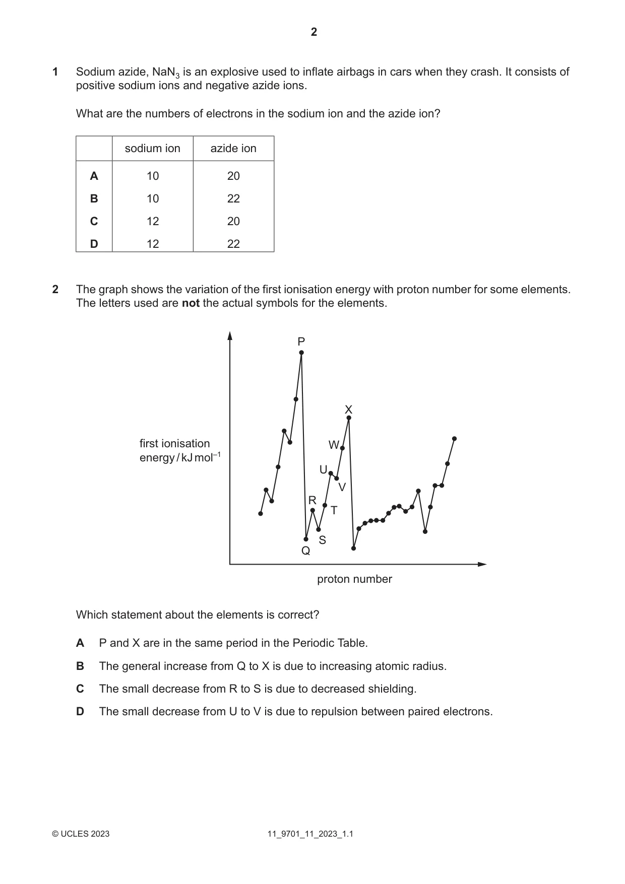 Cambridge A Level Chemistry 9701 2023 Oct/Nov Paper 1 · Variant 1 question paper, page 2 of 20