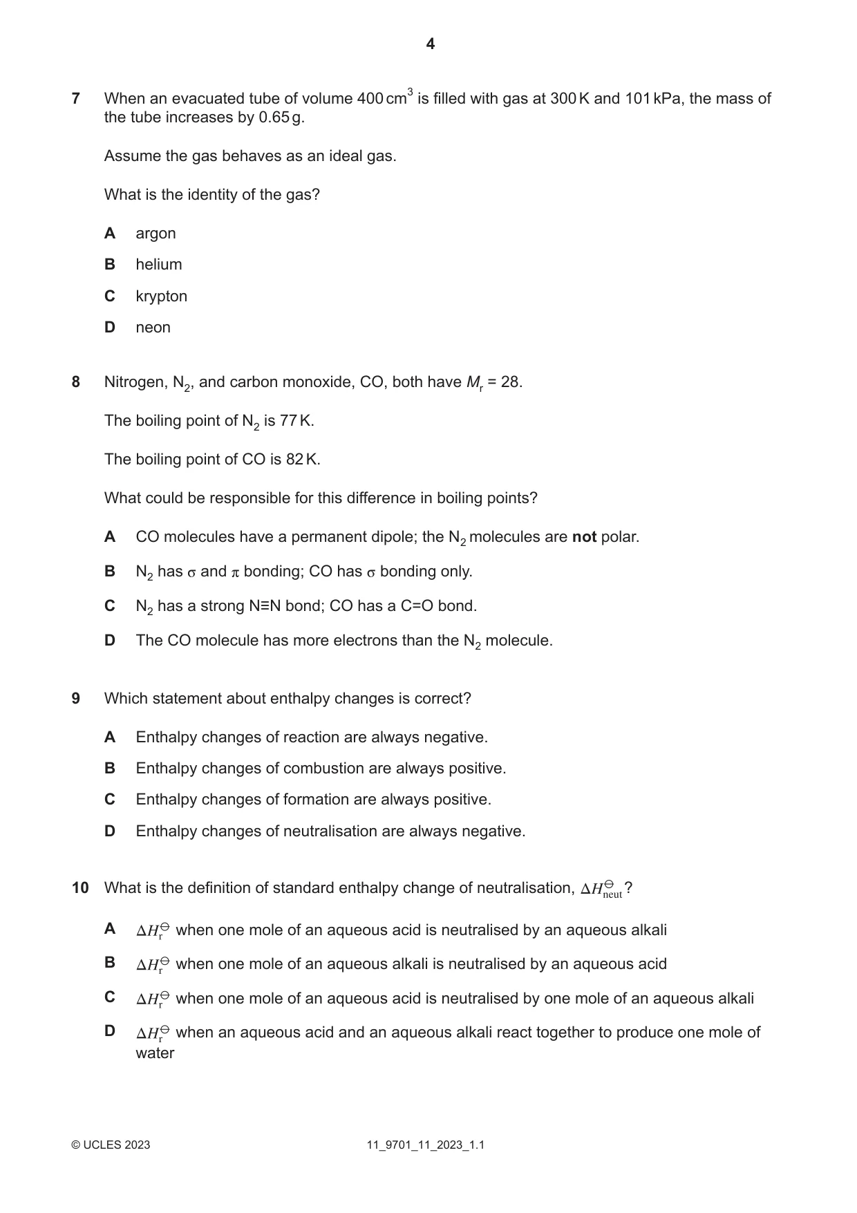 Cambridge A Level Chemistry 9701 2023 Oct/Nov Paper 1 · Variant 1 question paper, page 4 of 20