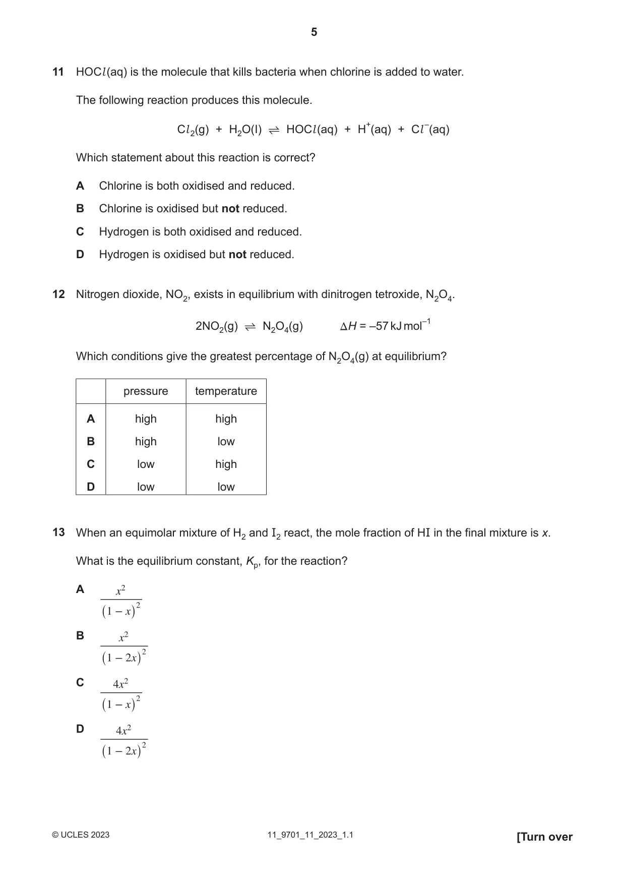 Cambridge A Level Chemistry 9701 2023 Oct/Nov Paper 1 · Variant 1 question paper, page 5 of 20