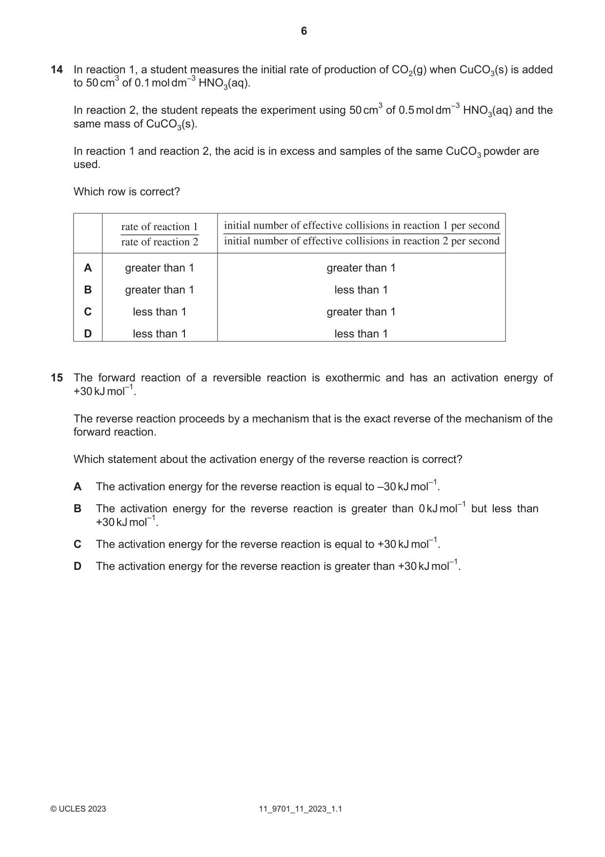 Cambridge A Level Chemistry 9701 2023 Oct/Nov Paper 1 · Variant 1 question paper, page 6 of 20
