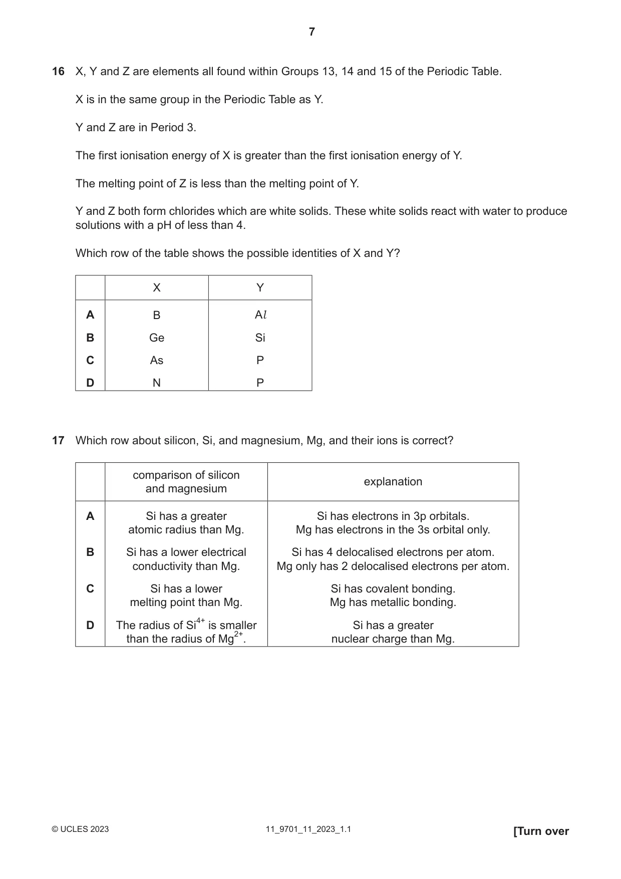 Cambridge A Level Chemistry 9701 2023 Oct/Nov Paper 1 · Variant 1 question paper, page 7 of 20