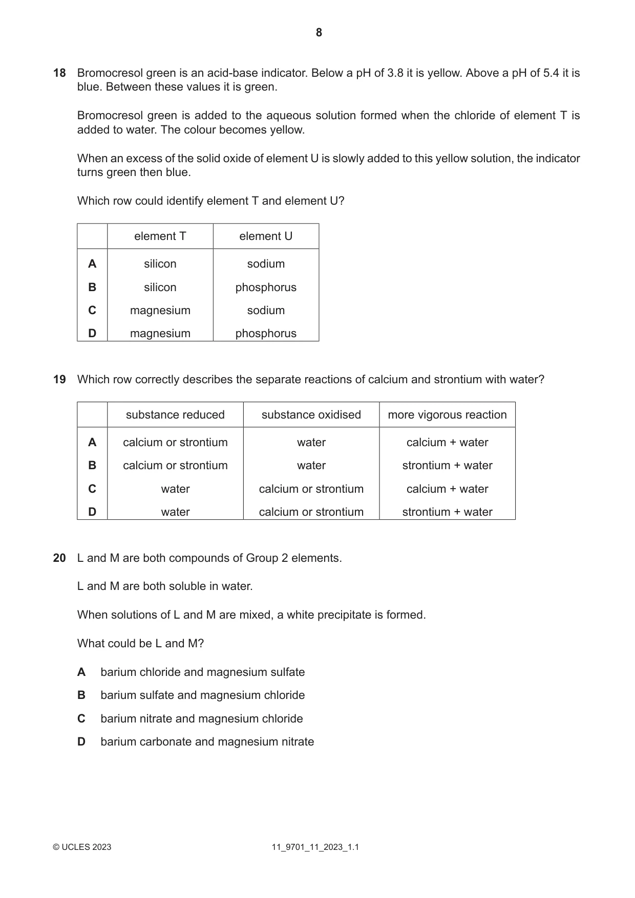 Cambridge A Level Chemistry 9701 2023 Oct/Nov Paper 1 · Variant 1 question paper, page 8 of 20