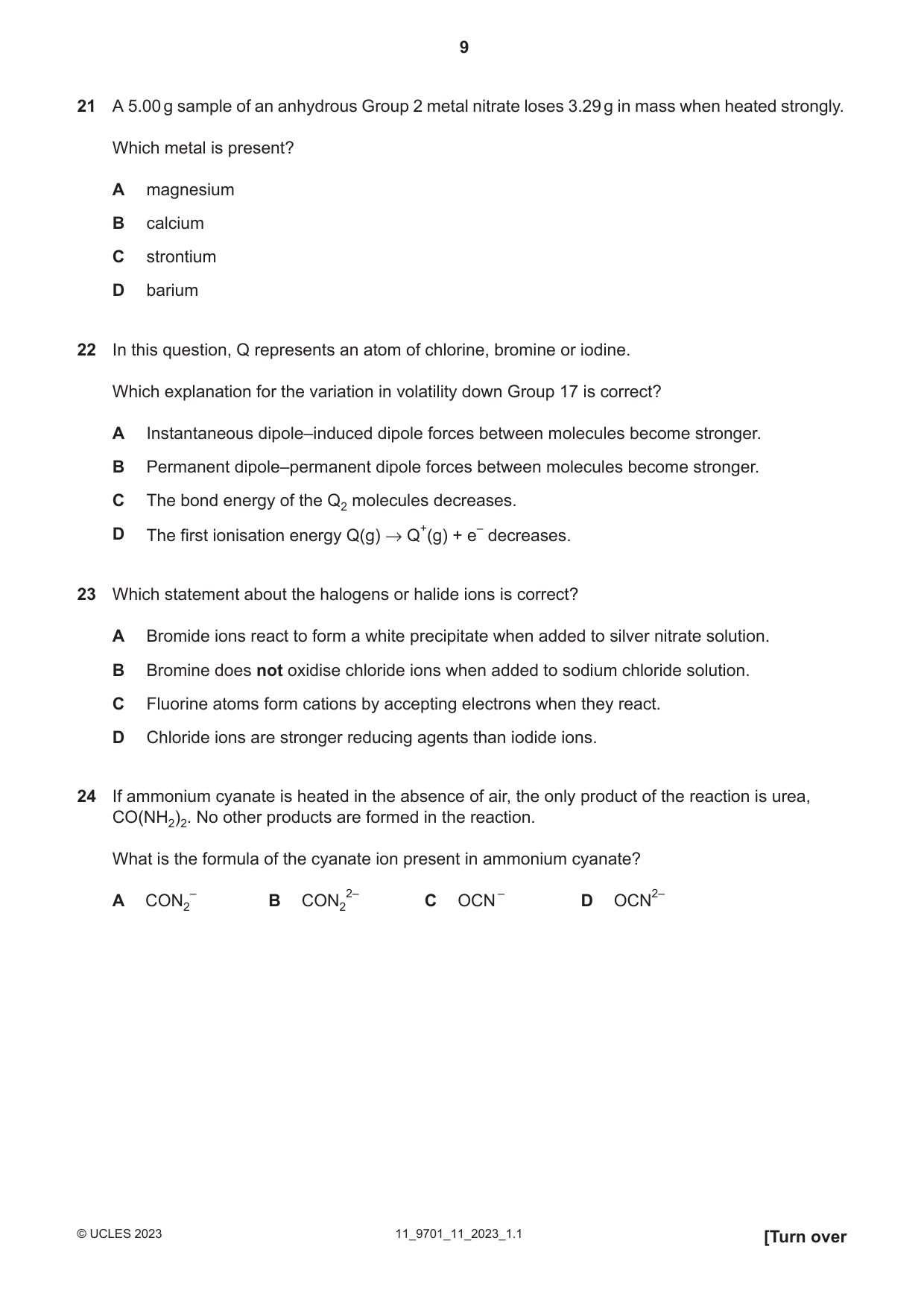 Cambridge A Level Chemistry 9701 2023 Oct/Nov Paper 1 · Variant 1 question paper, page 9 of 20