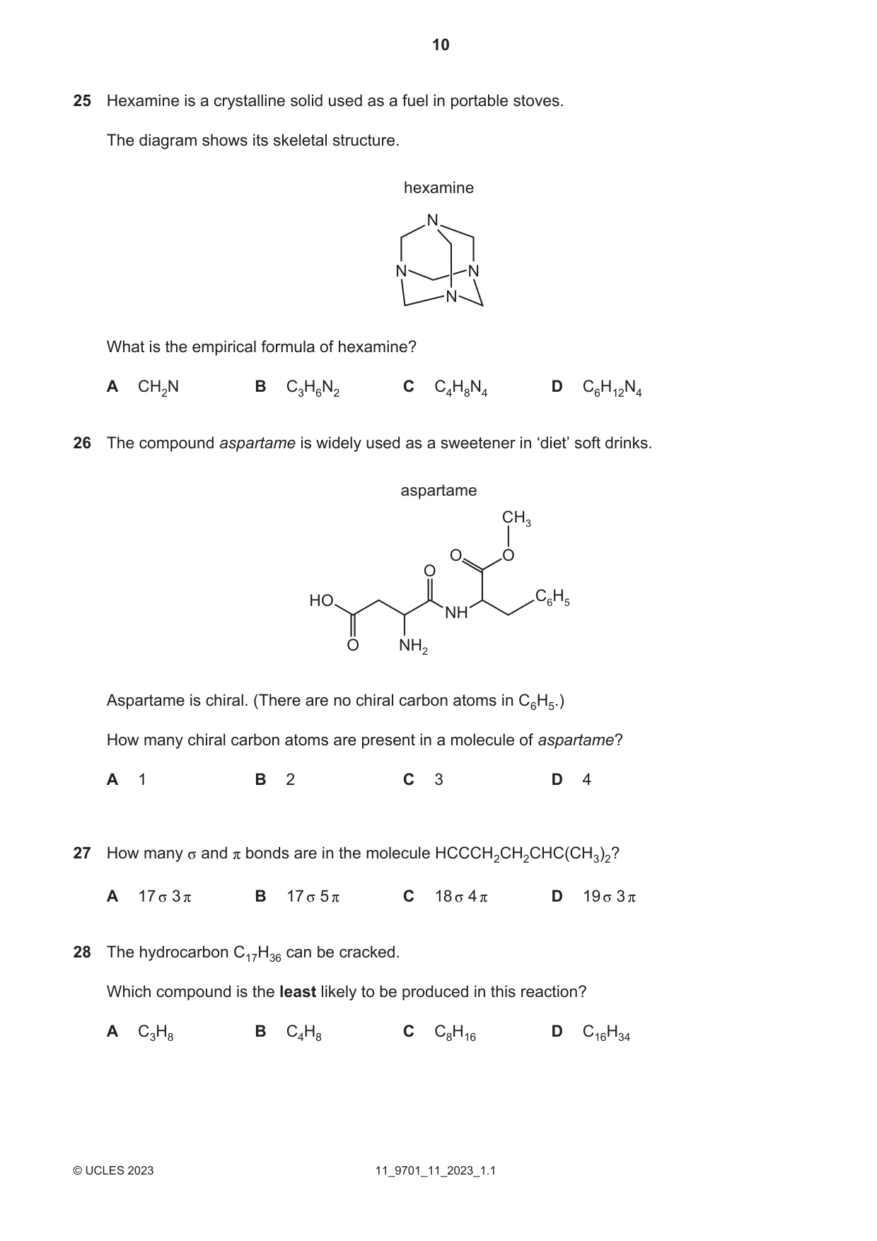 Cambridge A Level Chemistry 9701 2023 Oct/Nov Paper 1 · Variant 1 question paper, page 10 of 20