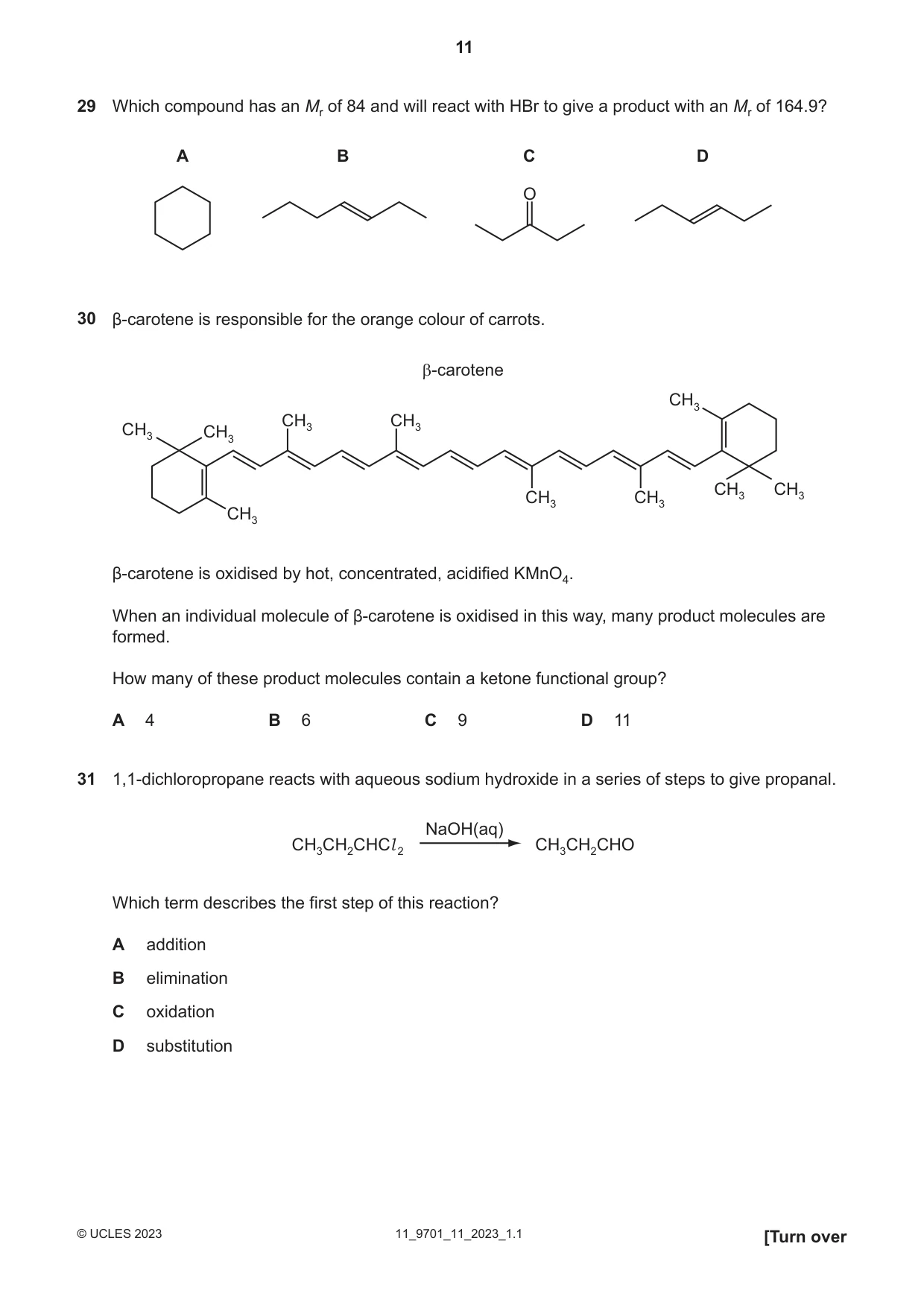 Cambridge A Level Chemistry 9701 2023 Oct/Nov Paper 1 · Variant 1 question paper, page 11 of 20