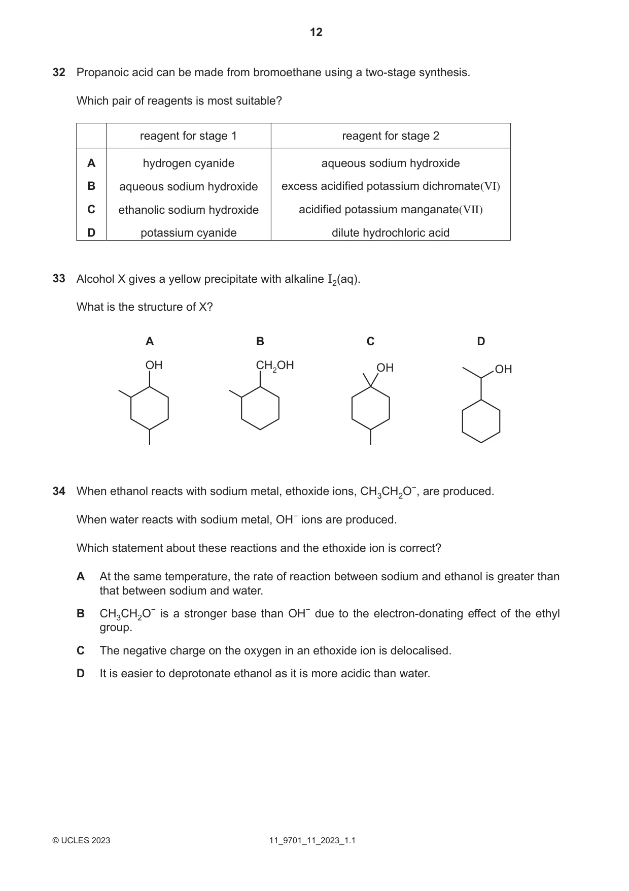 Cambridge A Level Chemistry 9701 2023 Oct/Nov Paper 1 · Variant 1 question paper, page 12 of 20