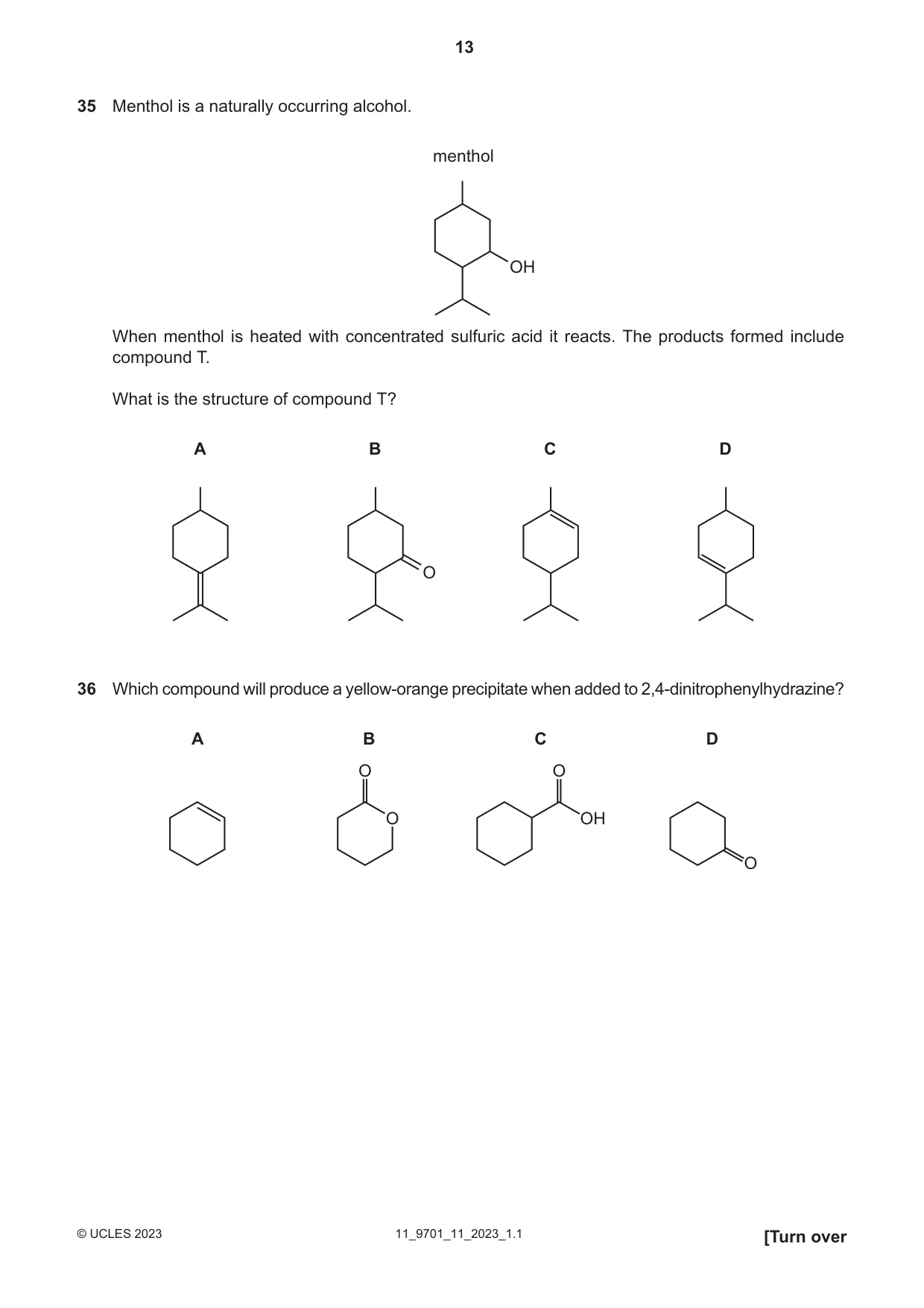 Cambridge A Level Chemistry 9701 2023 Oct/Nov Paper 1 · Variant 1 question paper, page 13 of 20