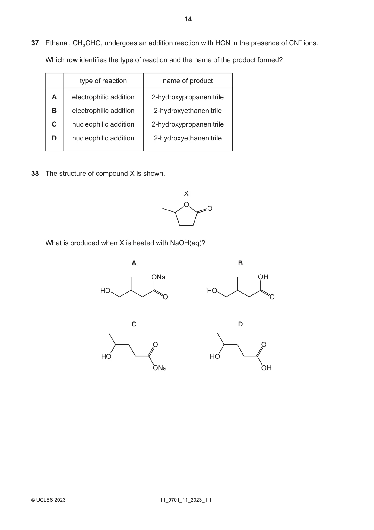 Cambridge A Level Chemistry 9701 2023 Oct/Nov Paper 1 · Variant 1 question paper, page 14 of 20