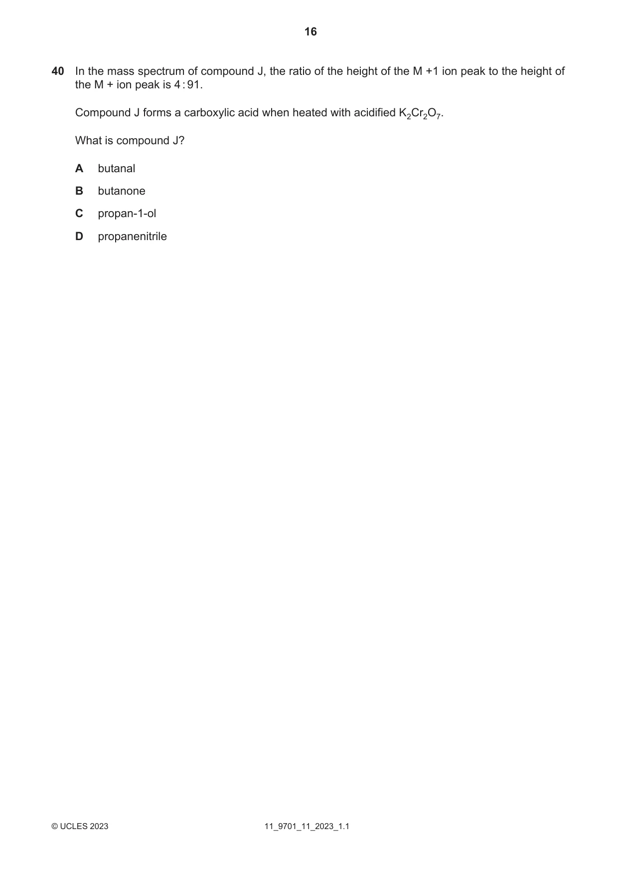 Cambridge A Level Chemistry 9701 2023 Oct/Nov Paper 1 · Variant 1 question paper, page 16 of 20