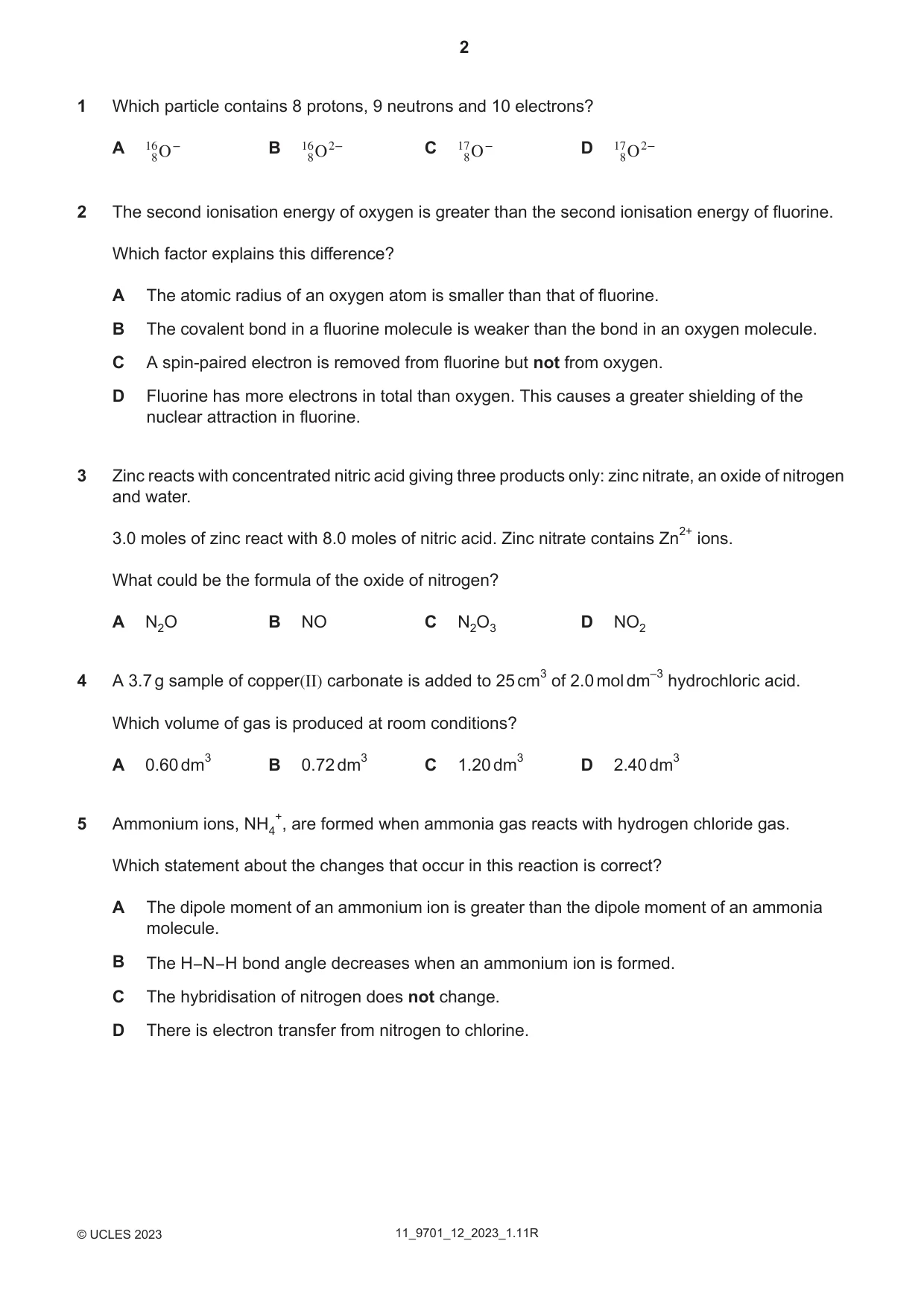 Cambridge A Level Chemistry 9701 2023 Oct/Nov Paper 1 · Variant 2 question paper, page 2 of 16