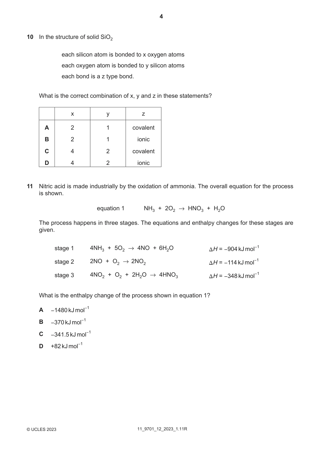 Cambridge A Level Chemistry 9701 2023 Oct/Nov Paper 1 · Variant 2 question paper, page 4 of 16