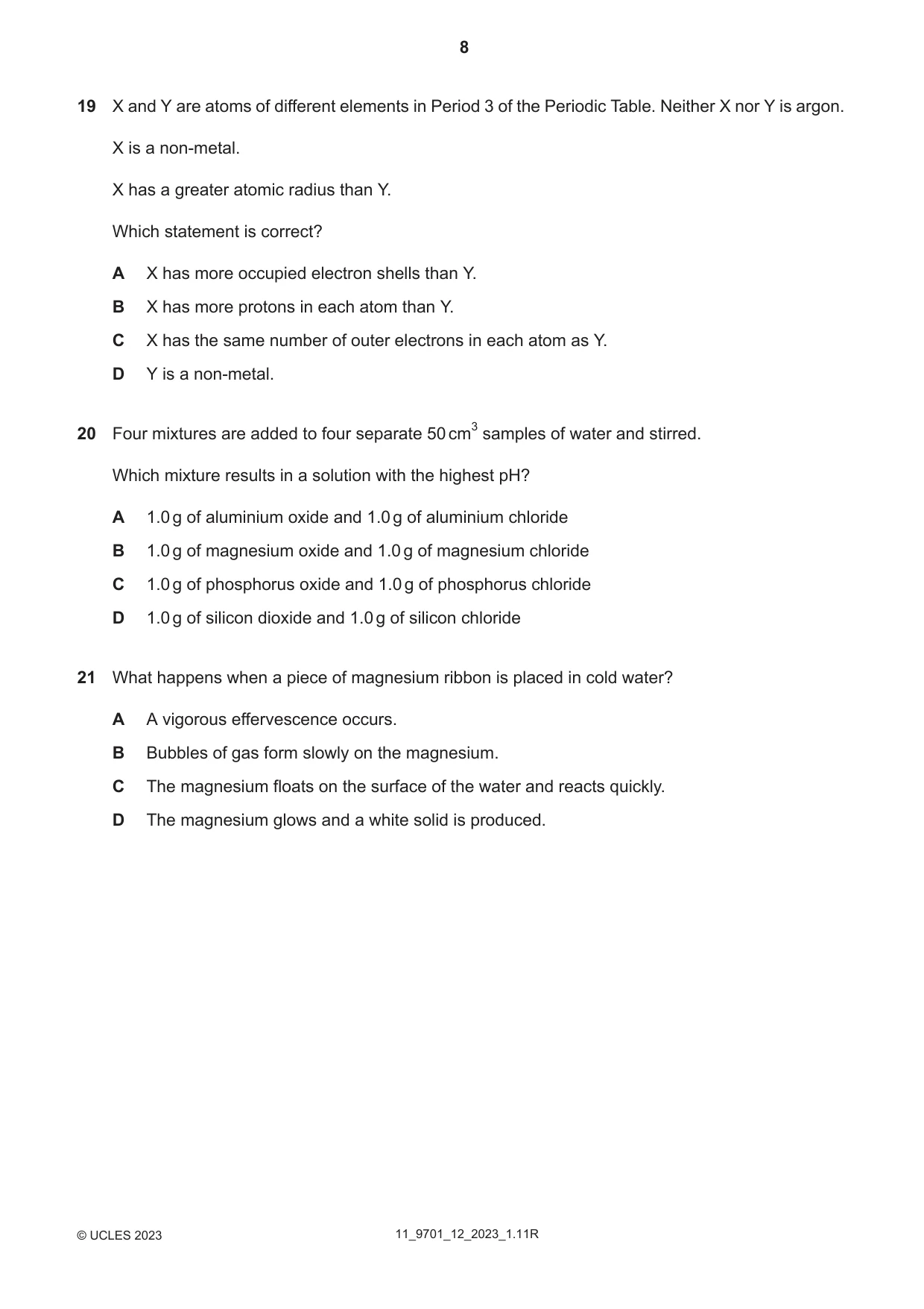 Cambridge A Level Chemistry 9701 2023 Oct/Nov Paper 1 · Variant 2 question paper, page 8 of 16