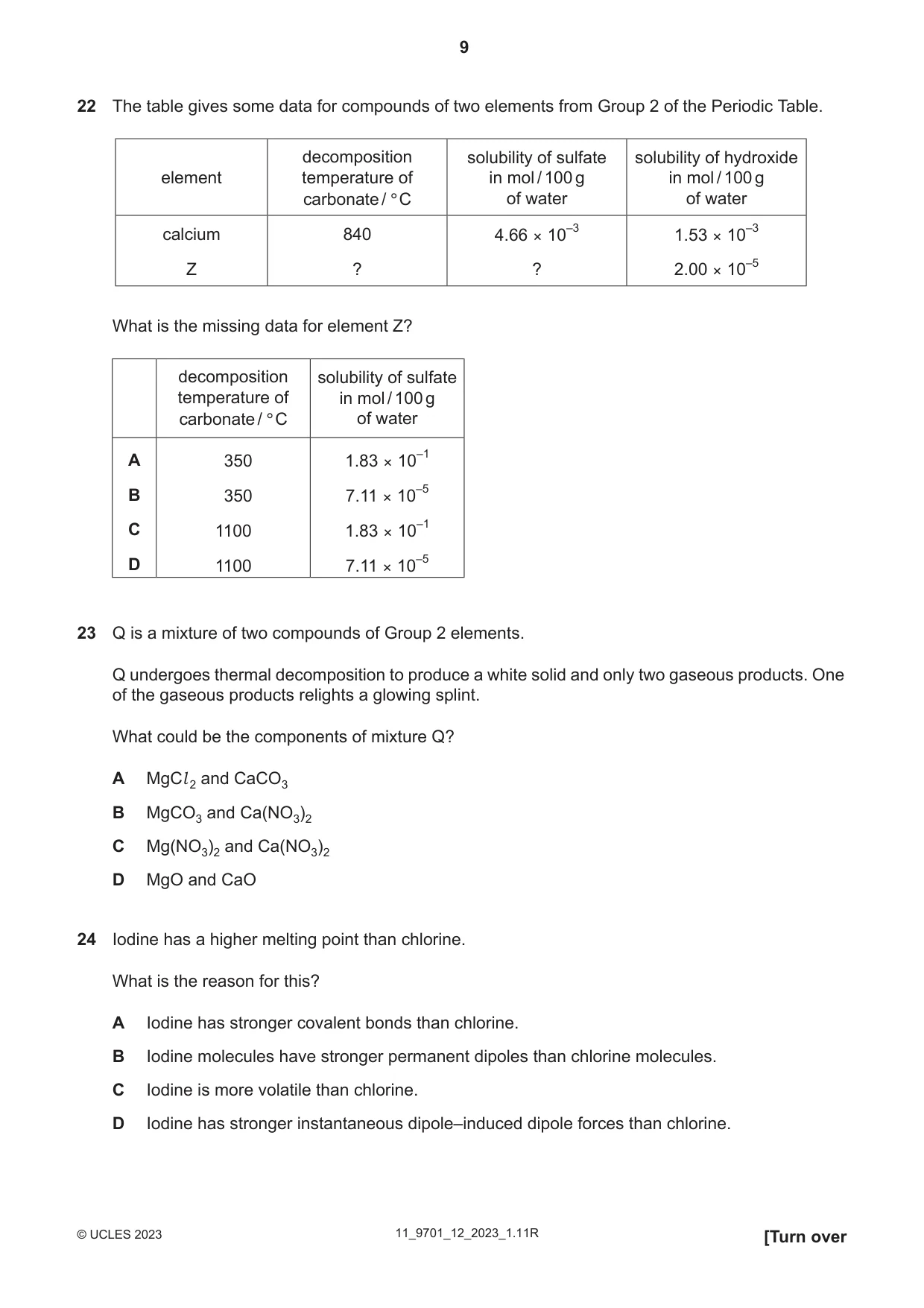 Cambridge A Level Chemistry 9701 2023 Oct/Nov Paper 1 · Variant 2 question paper, page 9 of 16