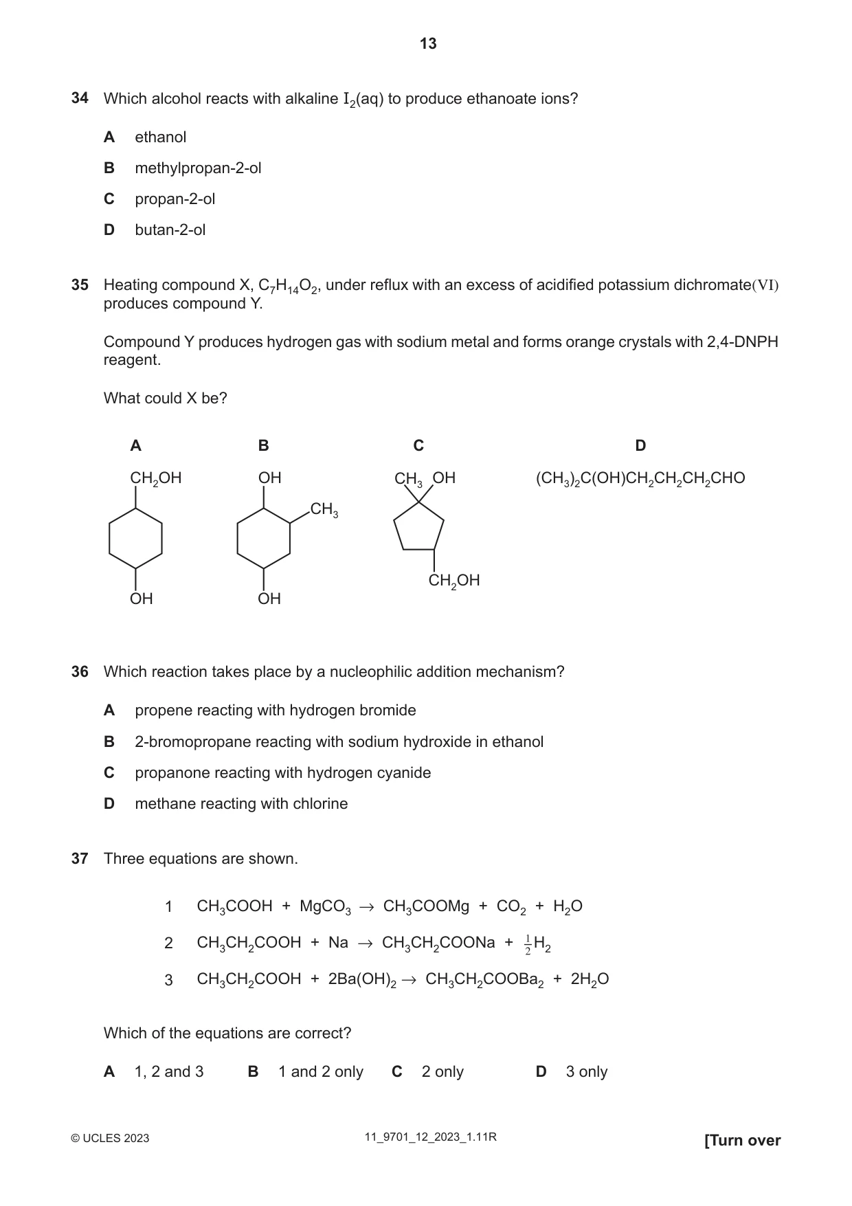 Cambridge A Level Chemistry 9701 2023 Oct/Nov Paper 1 · Variant 2 question paper, page 13 of 16