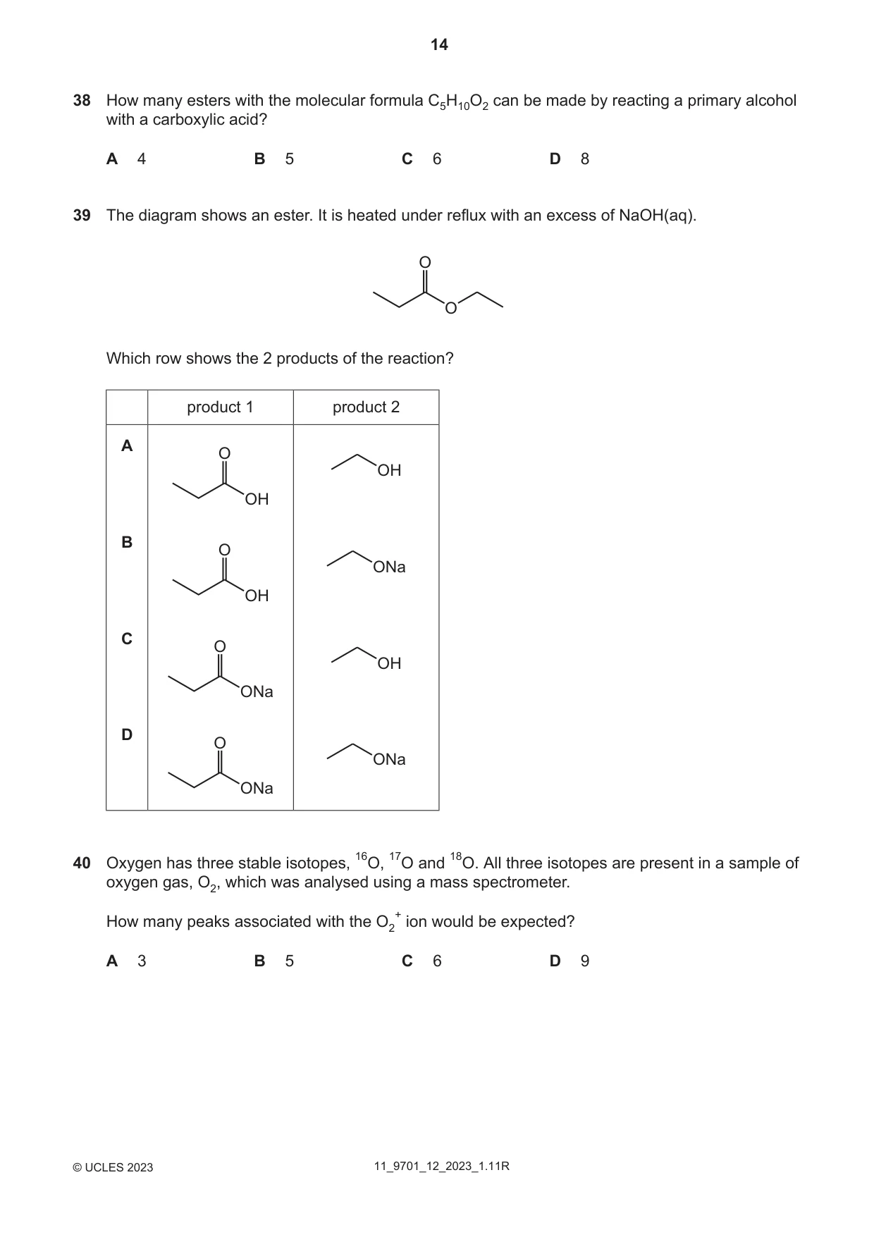 Cambridge A Level Chemistry 9701 2023 Oct/Nov Paper 1 · Variant 2 question paper, page 14 of 16