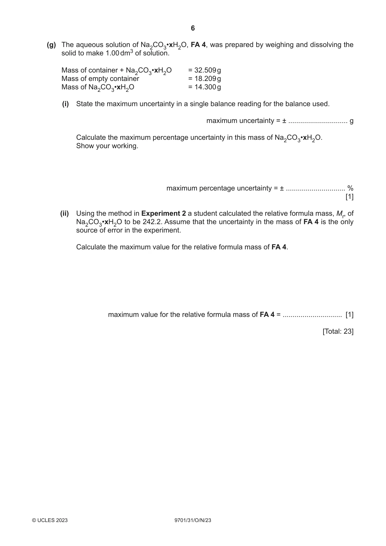 Cambridge A Level Chemistry 9701 2023 Oct/Nov Paper 3 · Variant 1 question paper, page 6 of 12