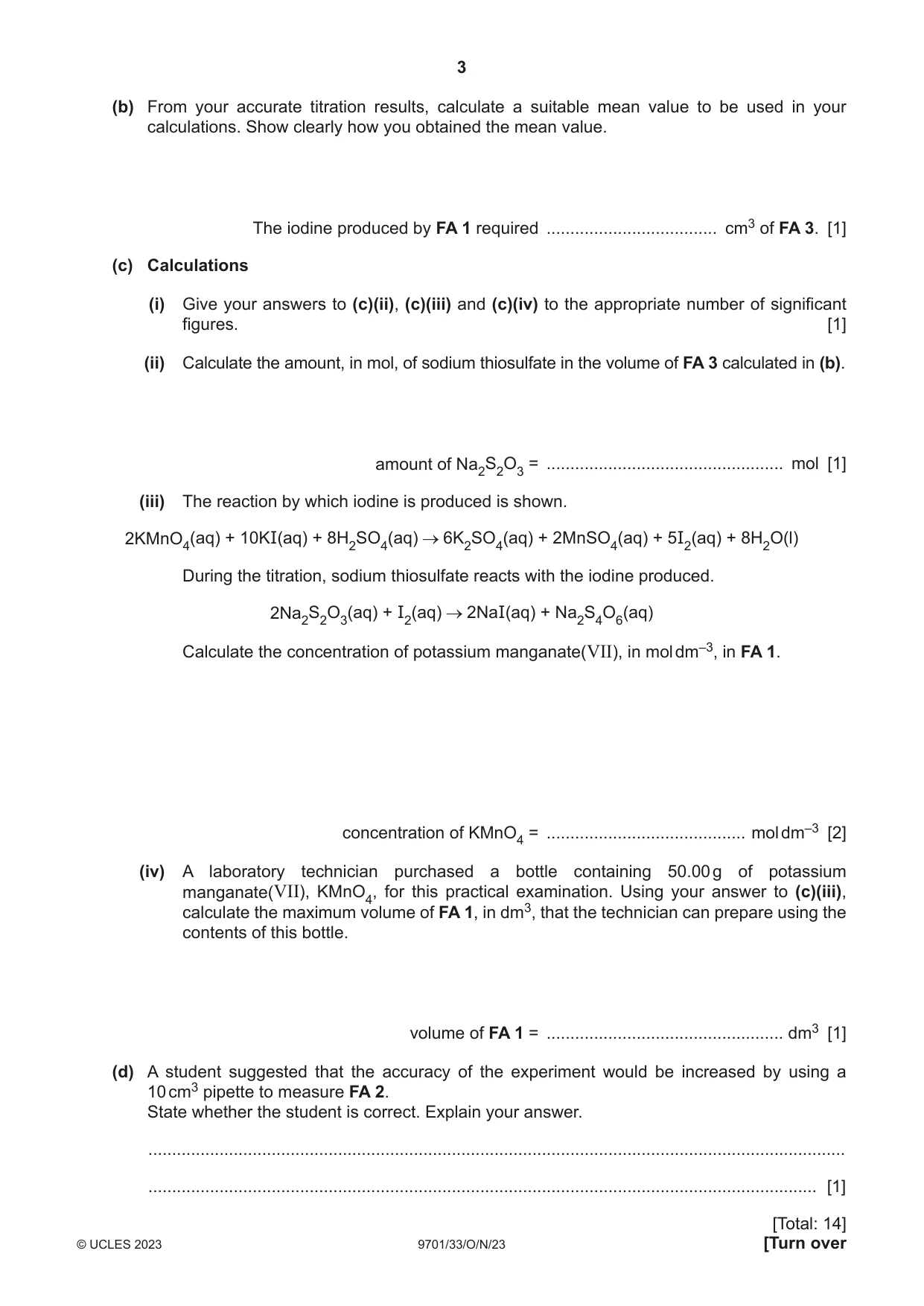Cambridge A Level Chemistry 9701 2023 Oct/Nov Paper 3 · Variant 3 question paper, page 3 of 12
