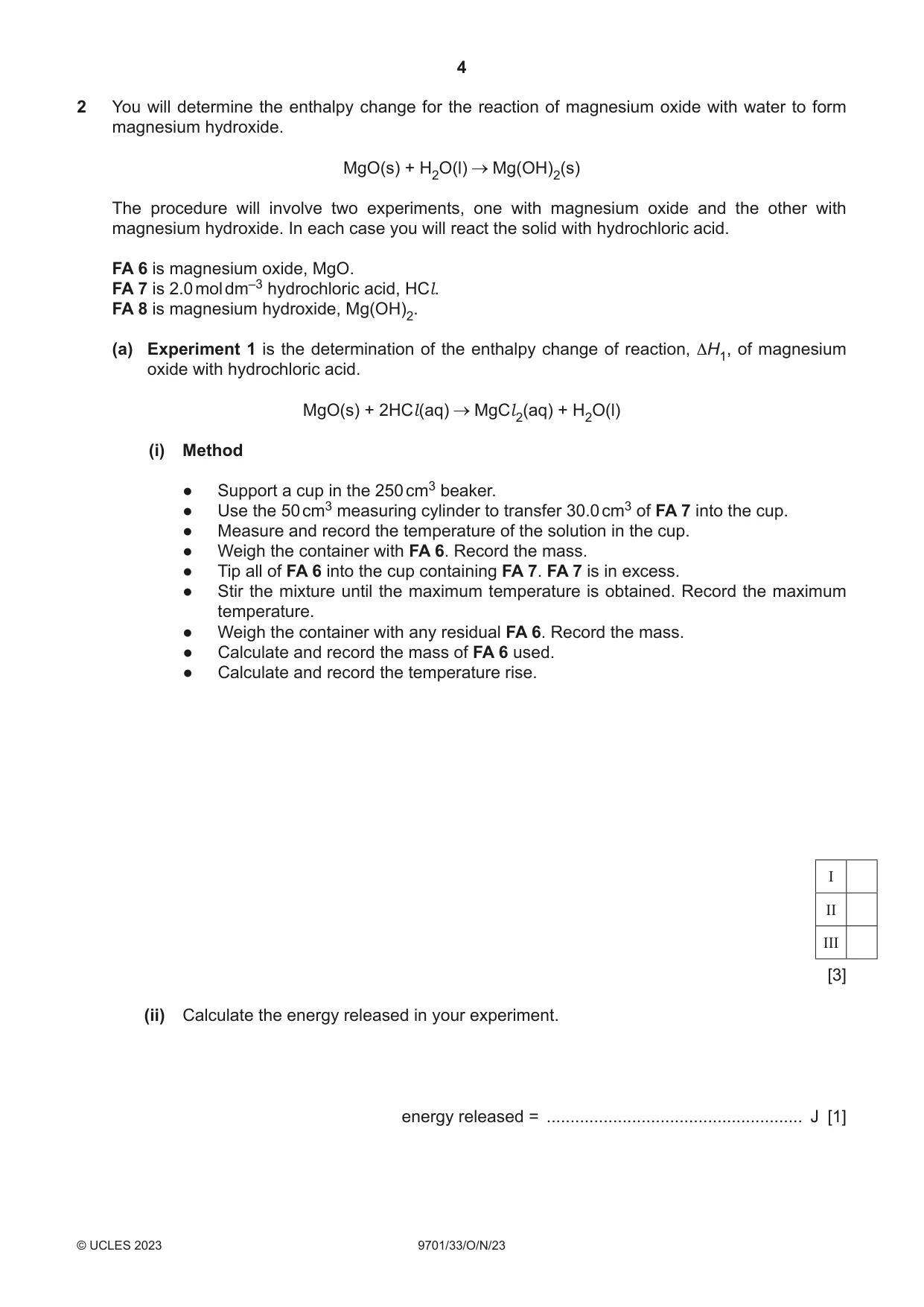 Cambridge A Level Chemistry 9701 2023 Oct/Nov Paper 3 · Variant 3 question paper, page 4 of 12