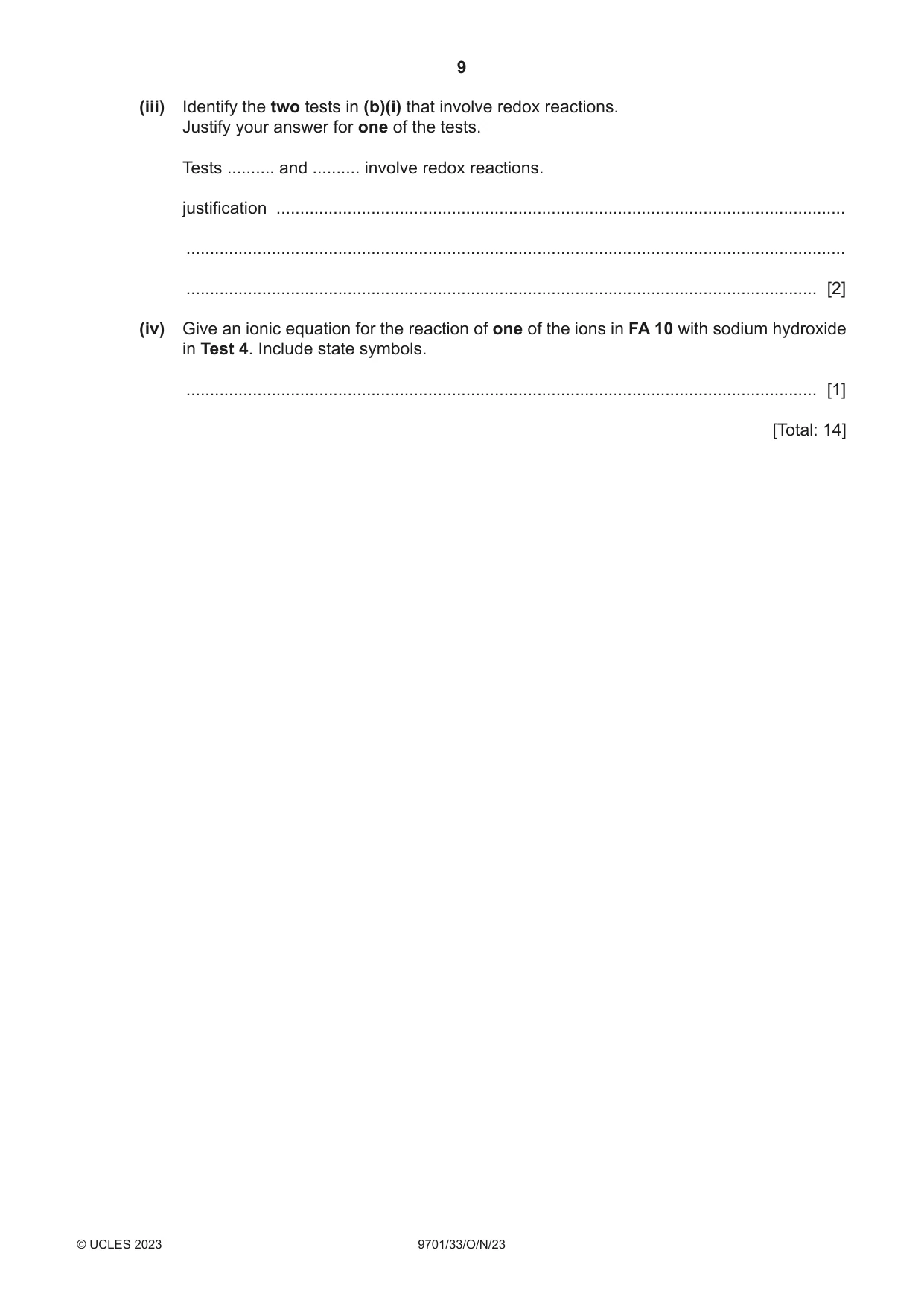Cambridge A Level Chemistry 9701 2023 Oct/Nov Paper 3 · Variant 3 question paper, page 9 of 12