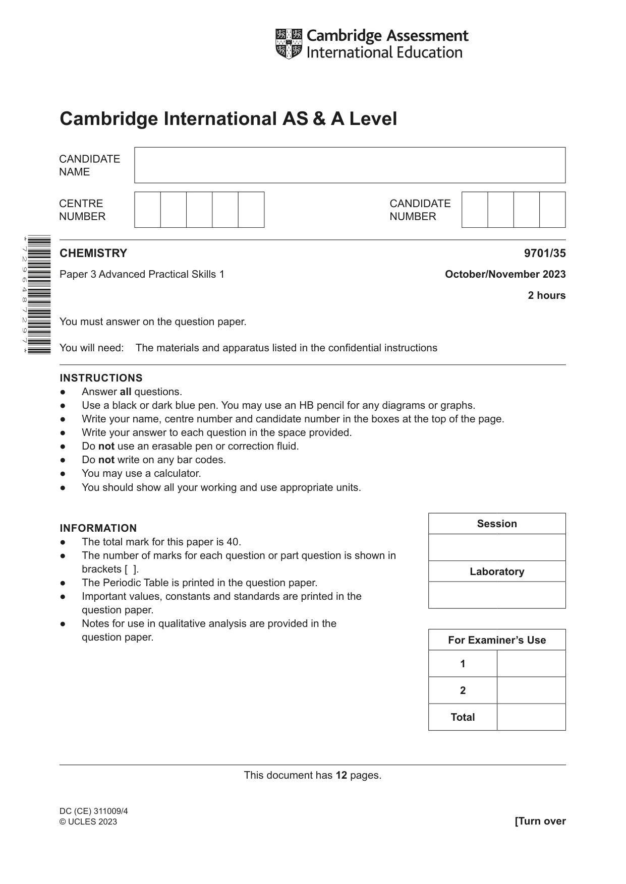 Cambridge A Level Chemistry 9701 2023 Oct/Nov Paper 3 · Variant 5 question paper, page 1 of 12