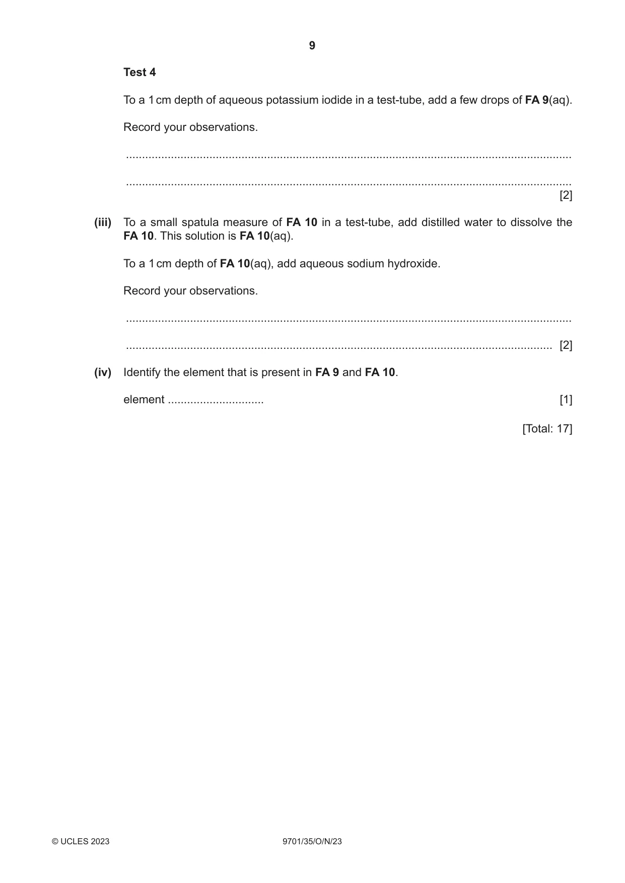 Cambridge A Level Chemistry 9701 2023 Oct/Nov Paper 3 · Variant 5 question paper, page 9 of 12