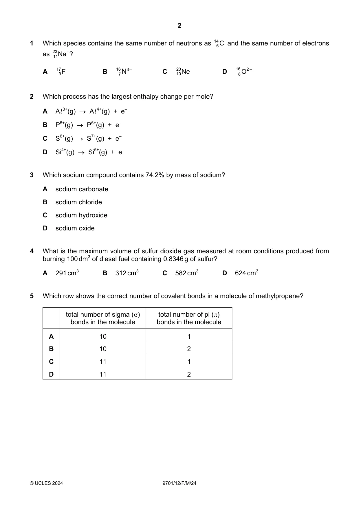 Cambridge A Level Chemistry 9701 2024 Feb/March Paper 1 · Variant 2 question paper, page 2 of 20