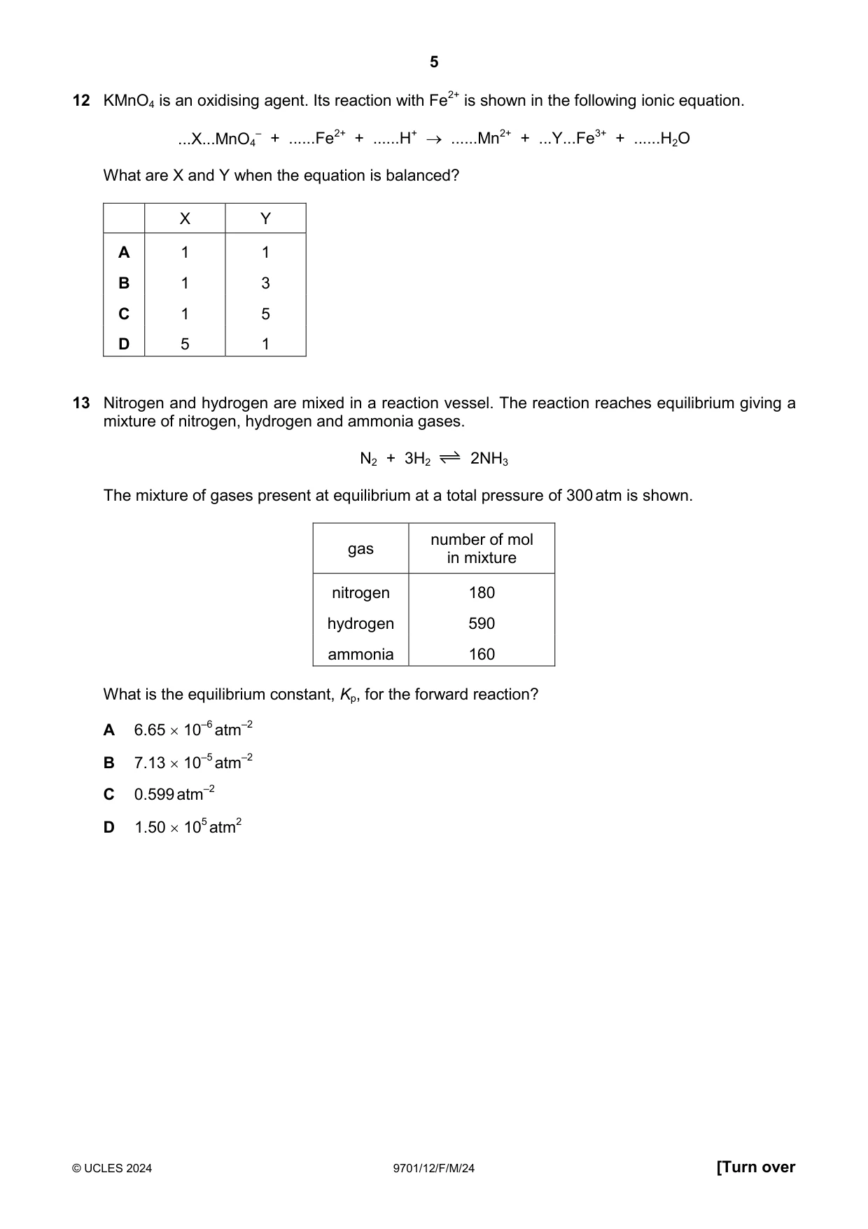 Cambridge A Level Chemistry 9701 2024 Feb/March Paper 1 · Variant 2 question paper, page 5 of 20