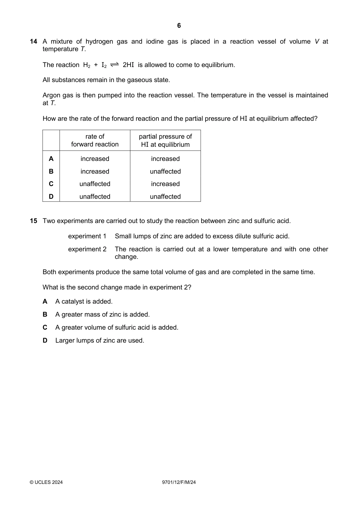 Cambridge A Level Chemistry 9701 2024 Feb/March Paper 1 · Variant 2 question paper, page 6 of 20